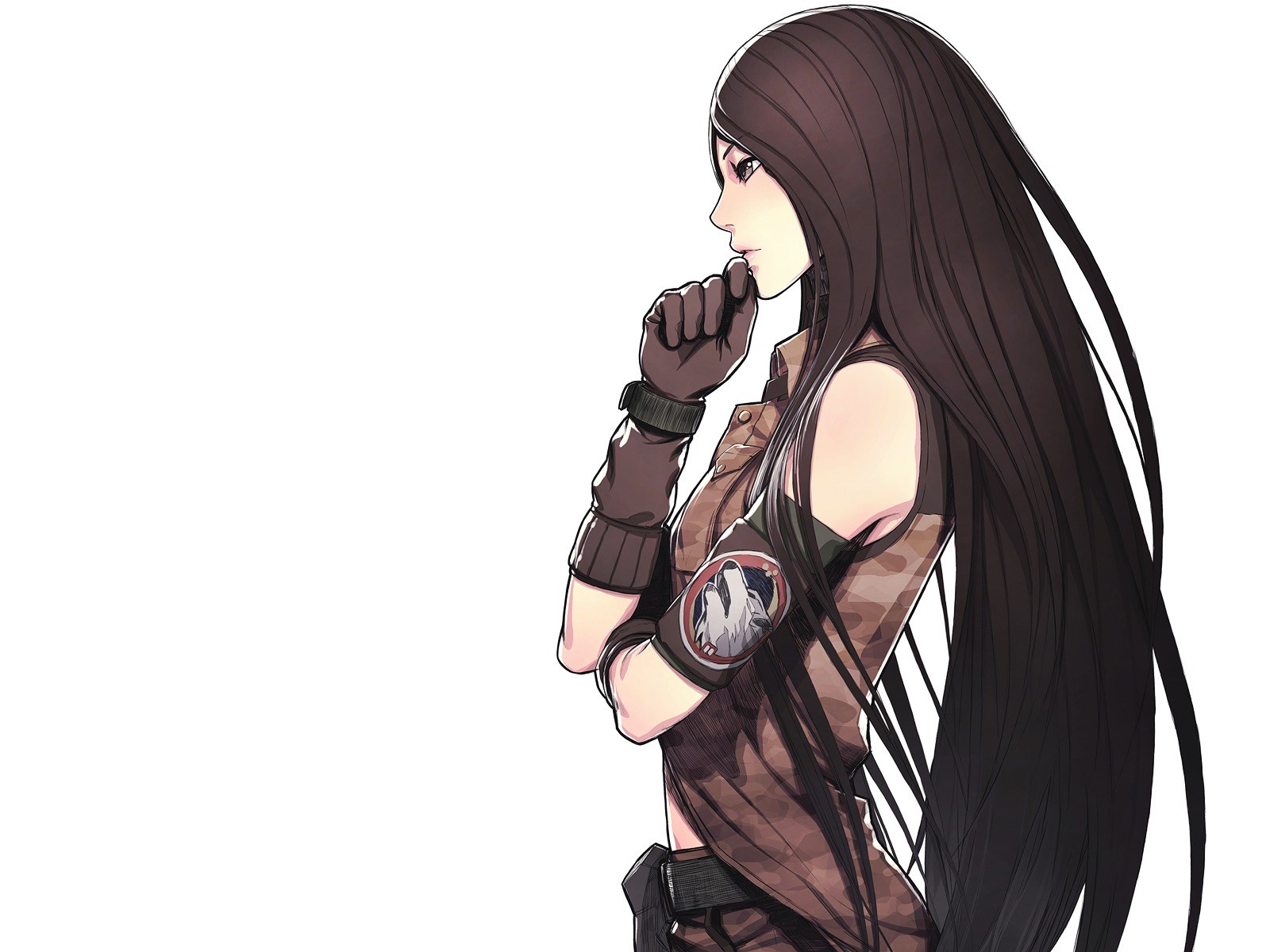 Thoughtful Female Soldier with Long Hair in Combat Gear HD Wallpaper