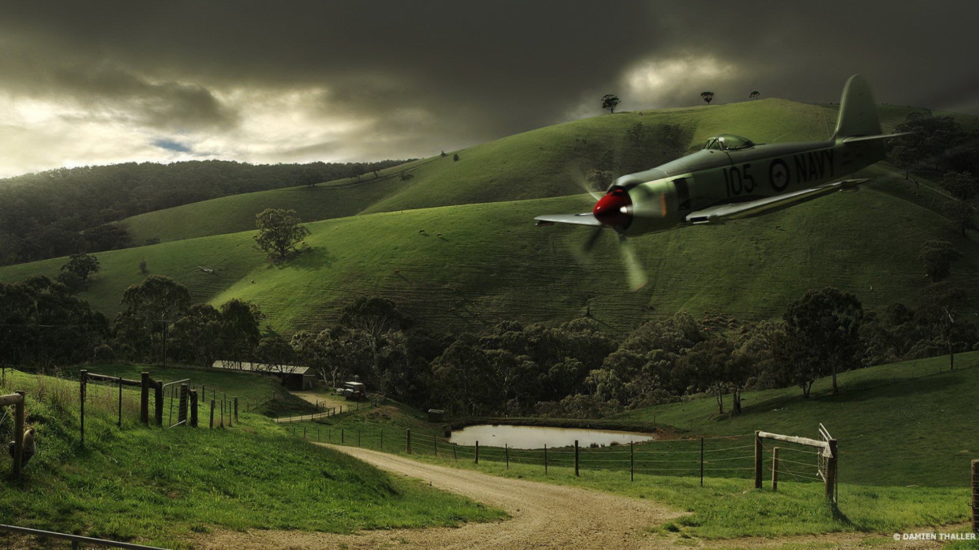Grumman F4F Wildcat aircraft flying over rural landscape HD Wallpaper