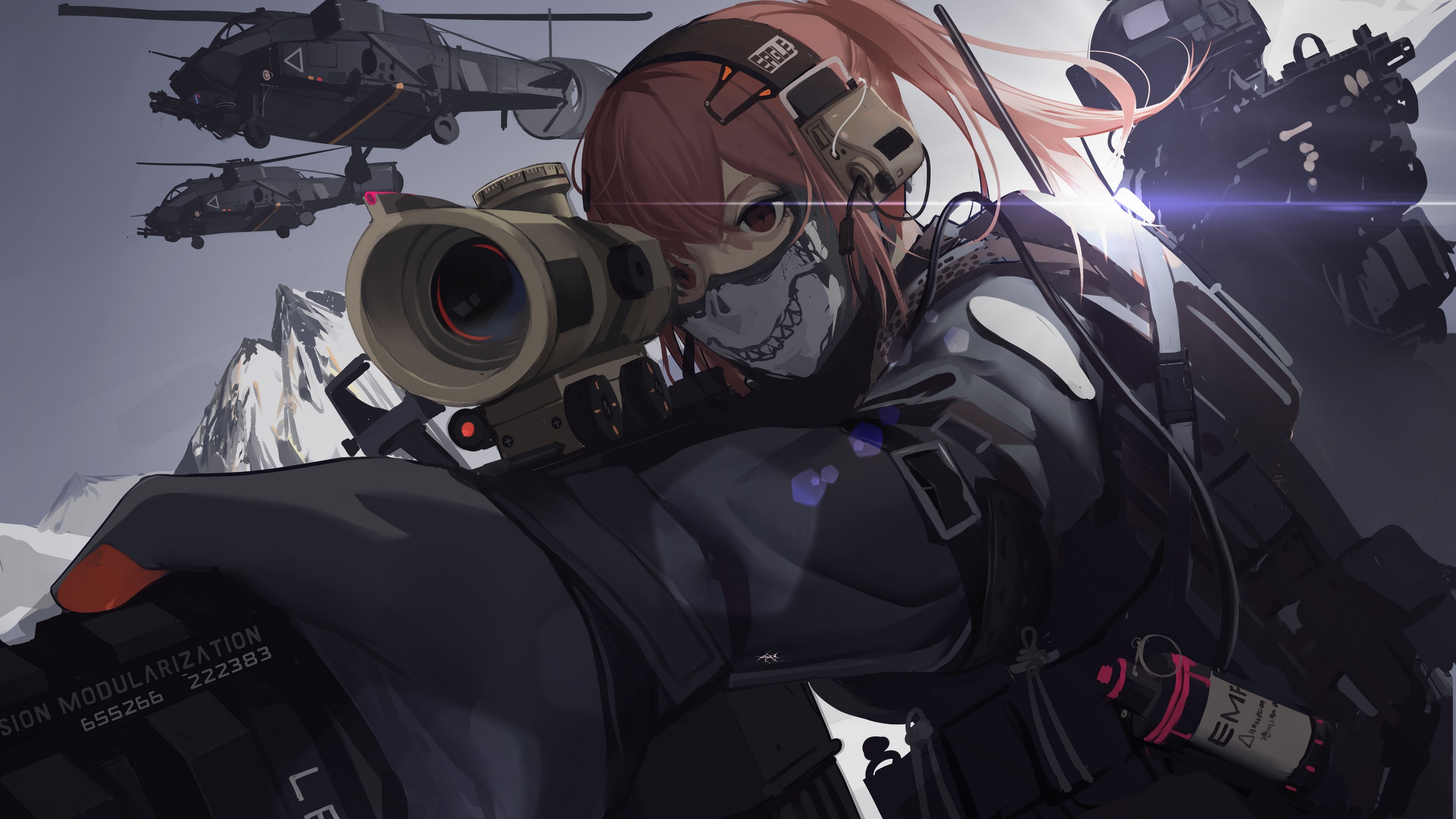 Anime girl with sniper rifle and helicopters HD Wallpaper