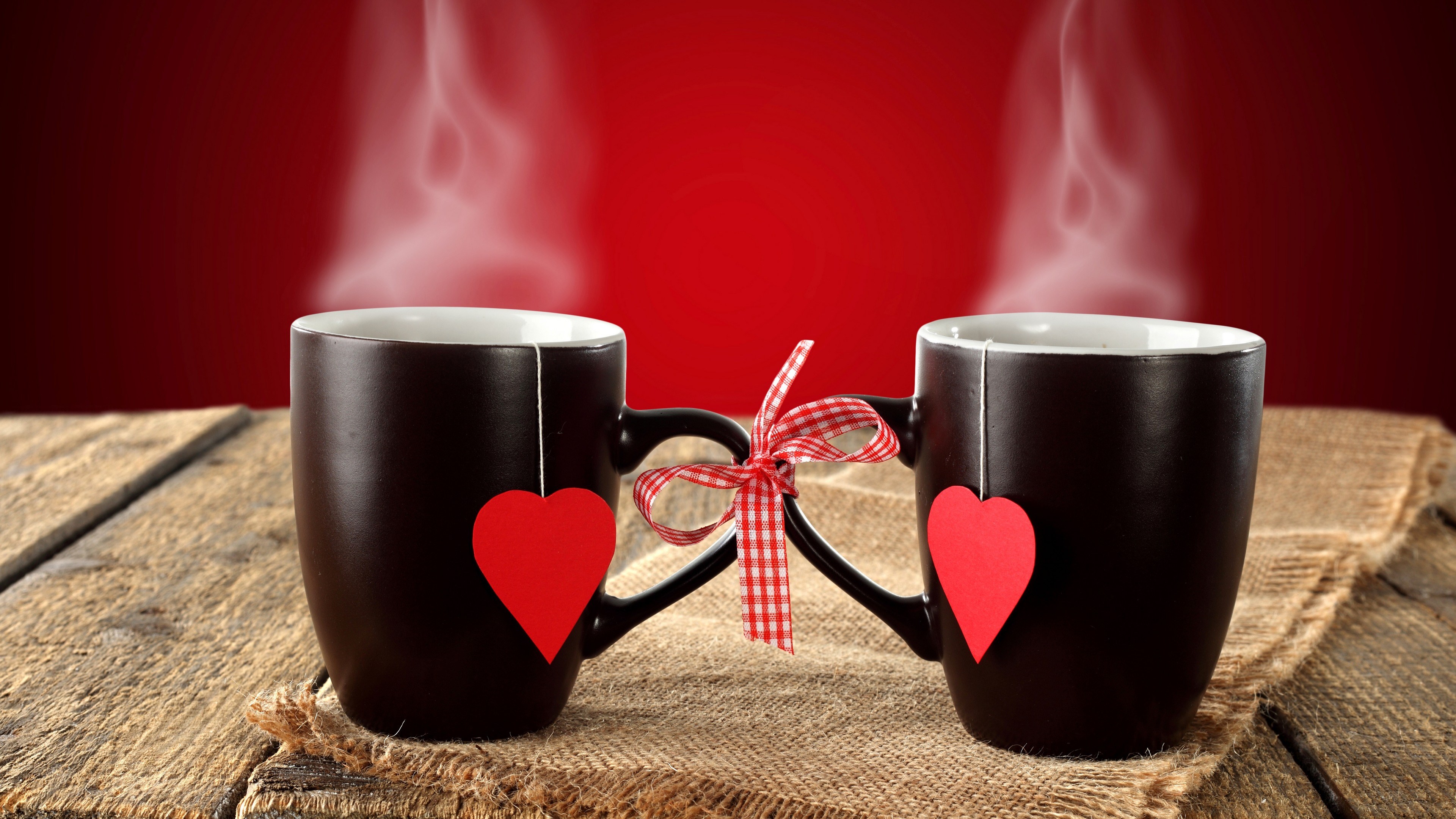 Two mugs with hearts and steam HD Wallpaper