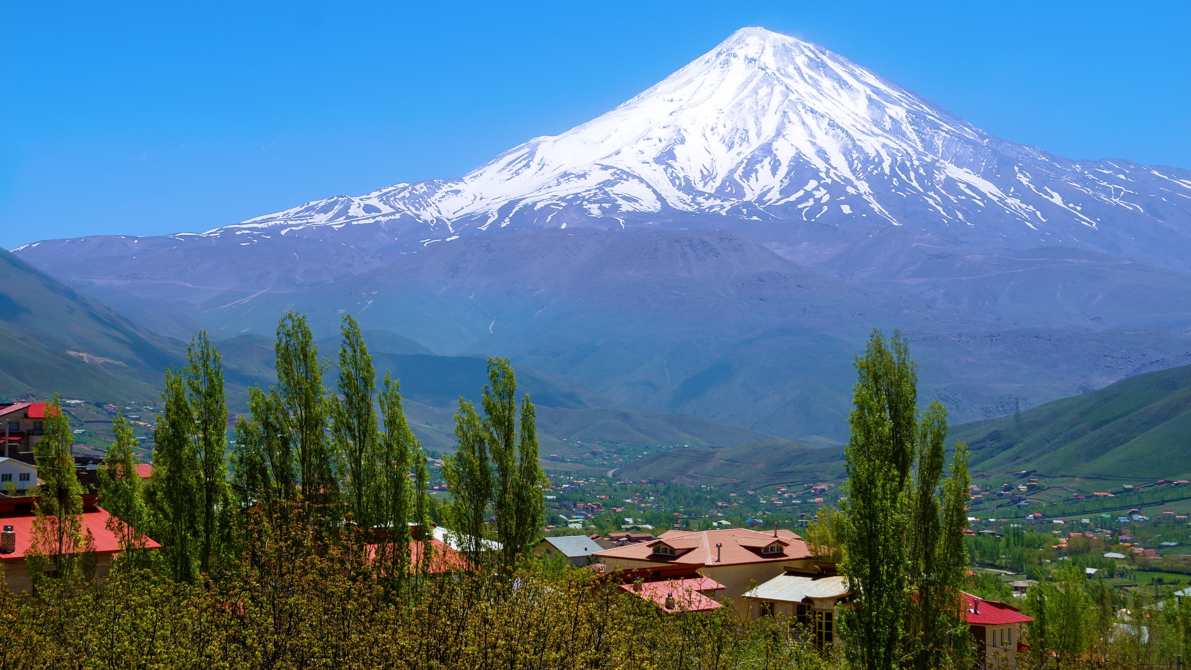 Mount Damavand with village and trees HD Wallpaper