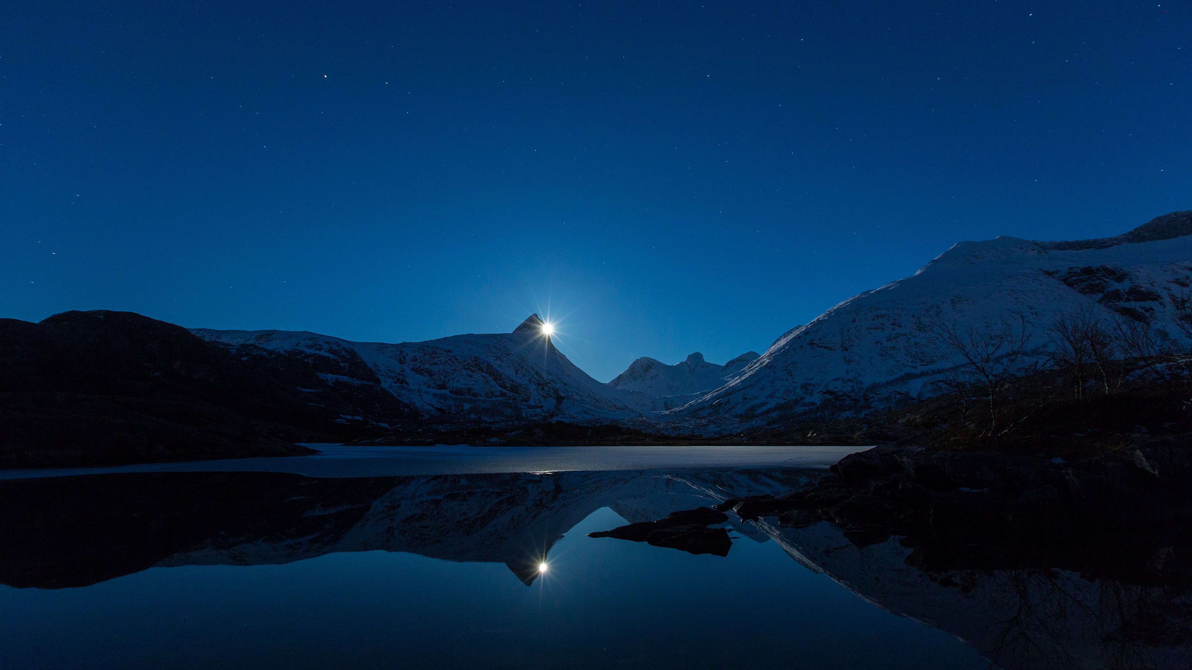 Moonlight over snow-capped mountains and lake HD Wallpaper