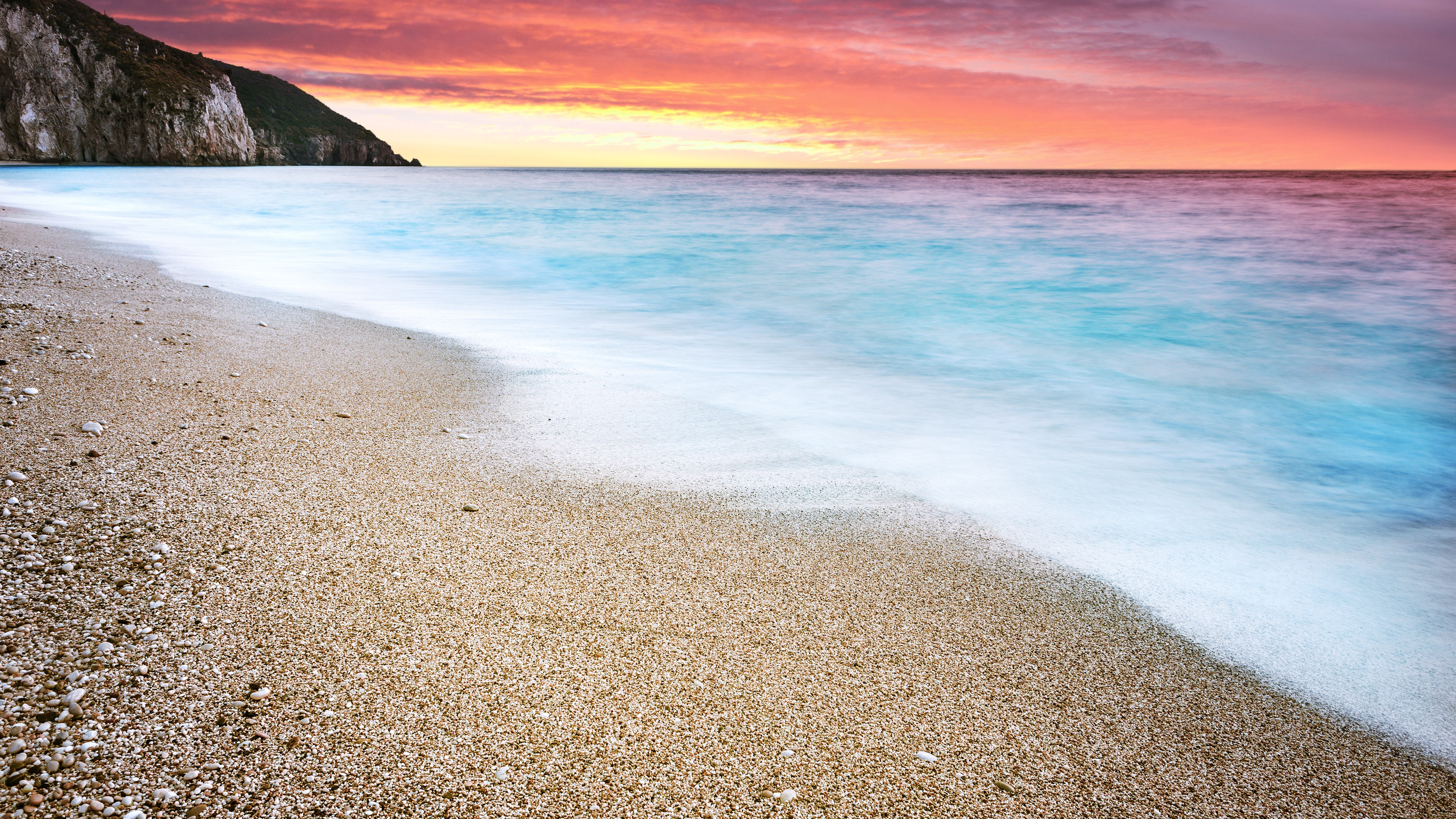 4K Beach Sunset with Cliffs and Ocean HD Wallpaper