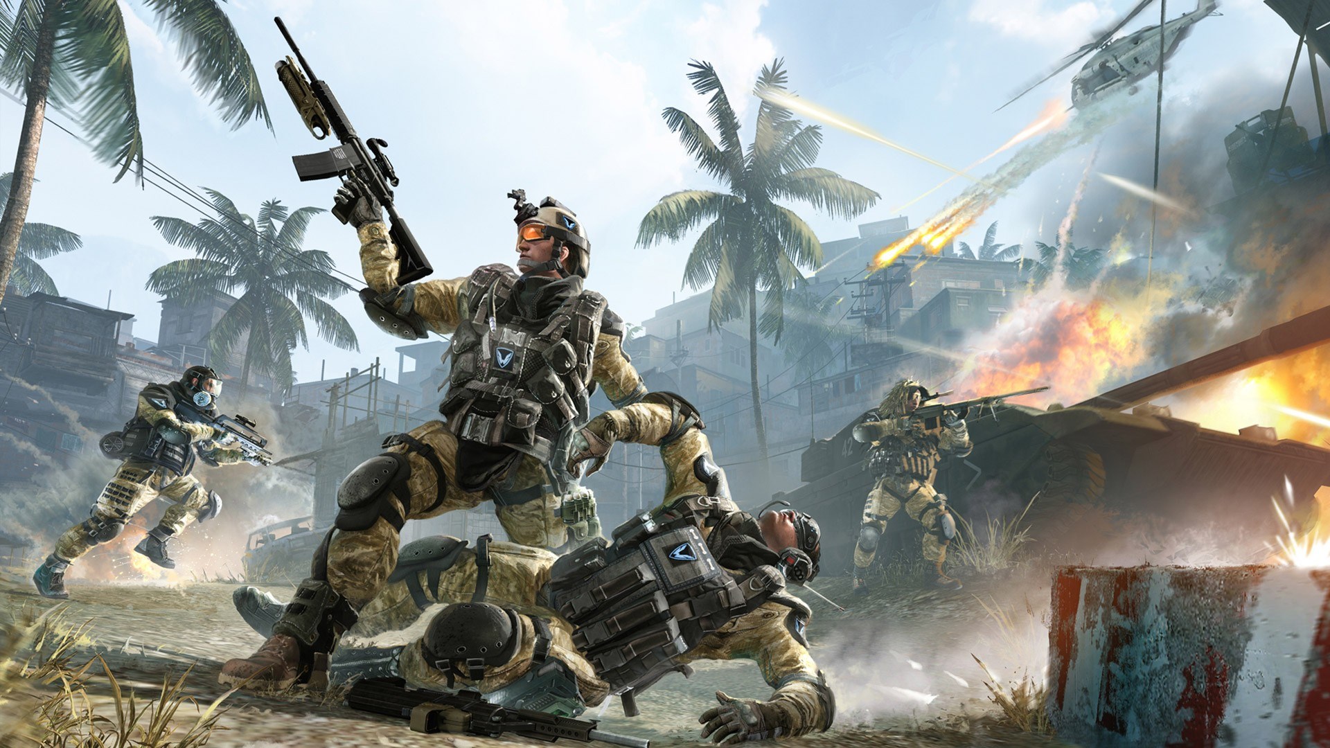 Warface soldiers in combat with helicopters HD Wallpaper