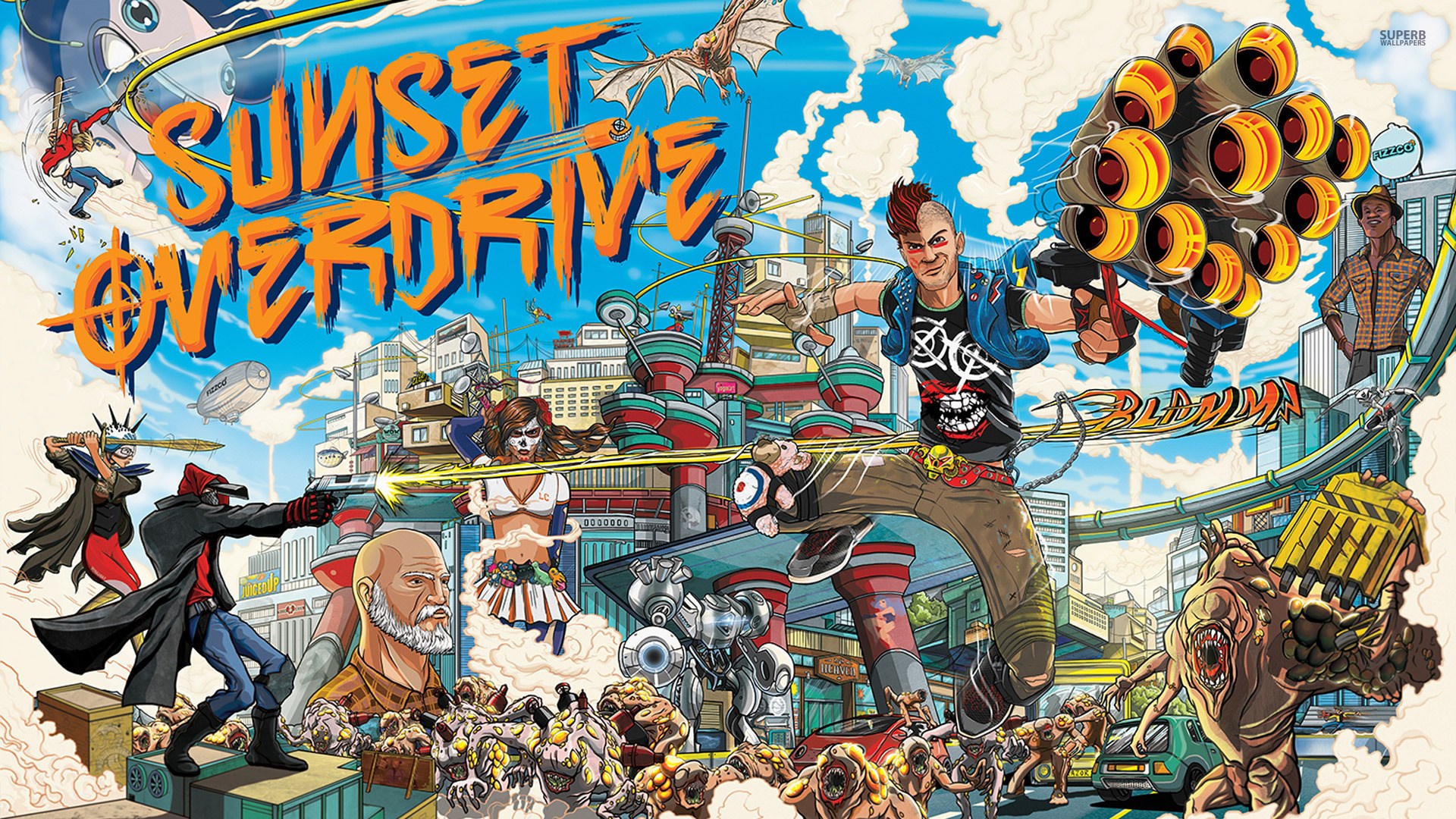 Sunset Overdrive game characters and monsters HD Wallpaper