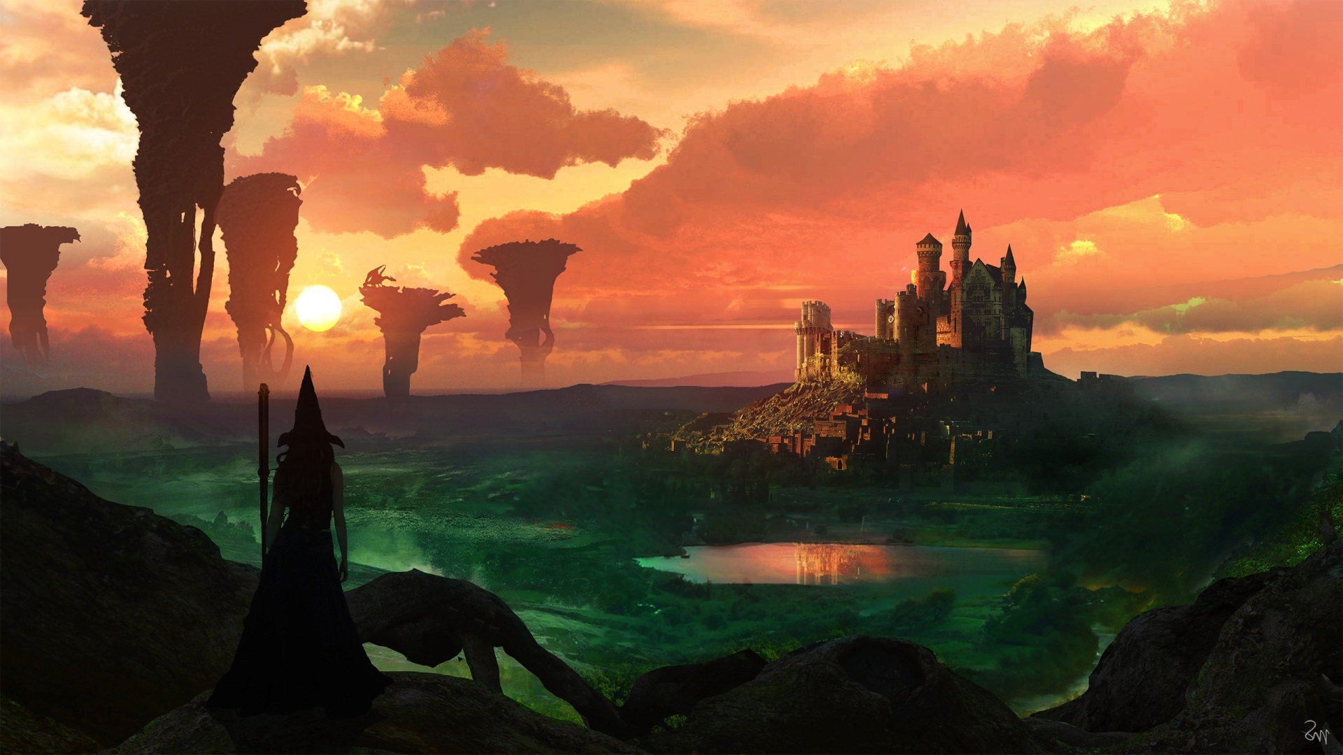 Fantasy landscape with castle and wizard at sunset HD Wallpaper