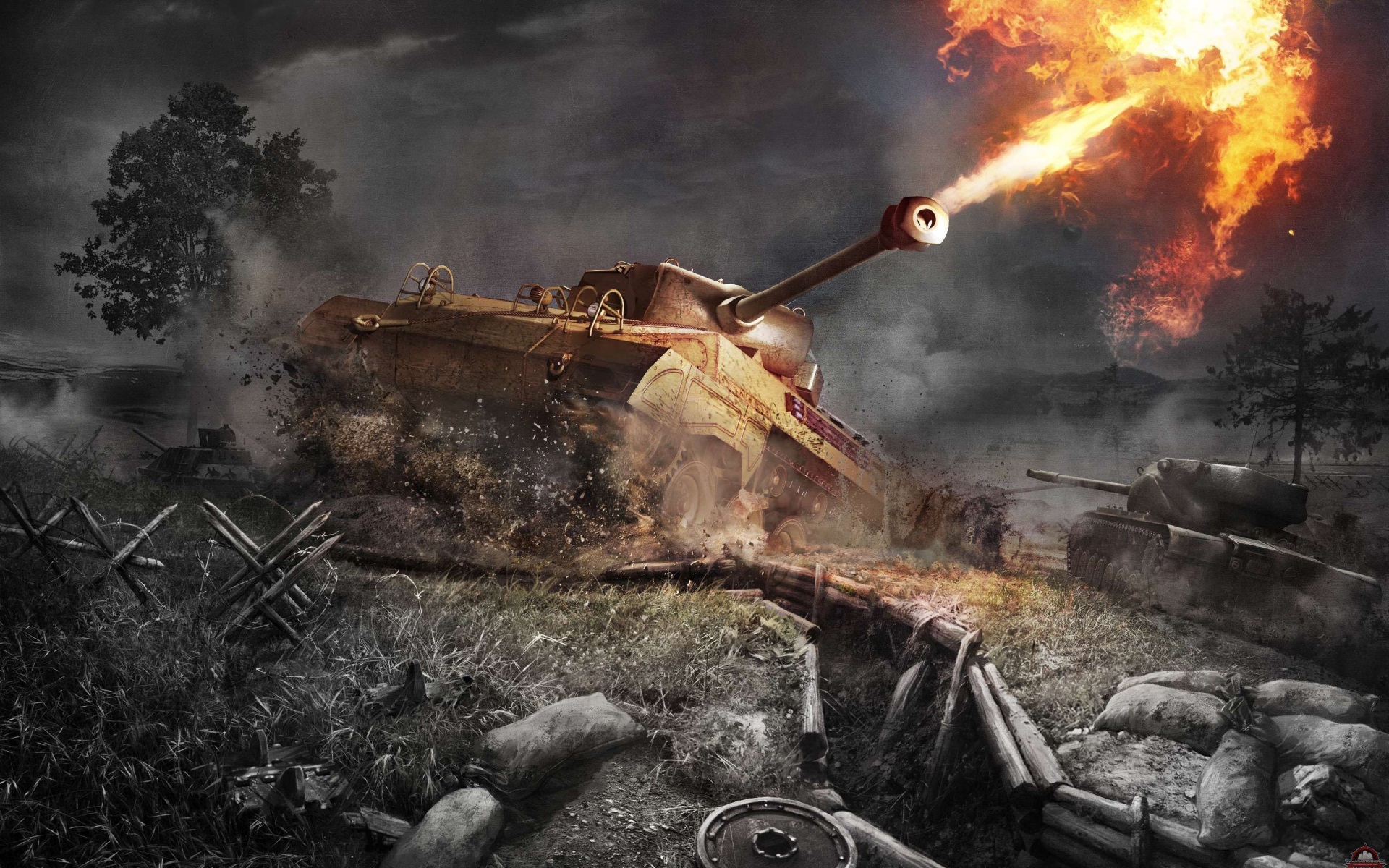 World of Tanks battle scene with firing tank HD Wallpaper