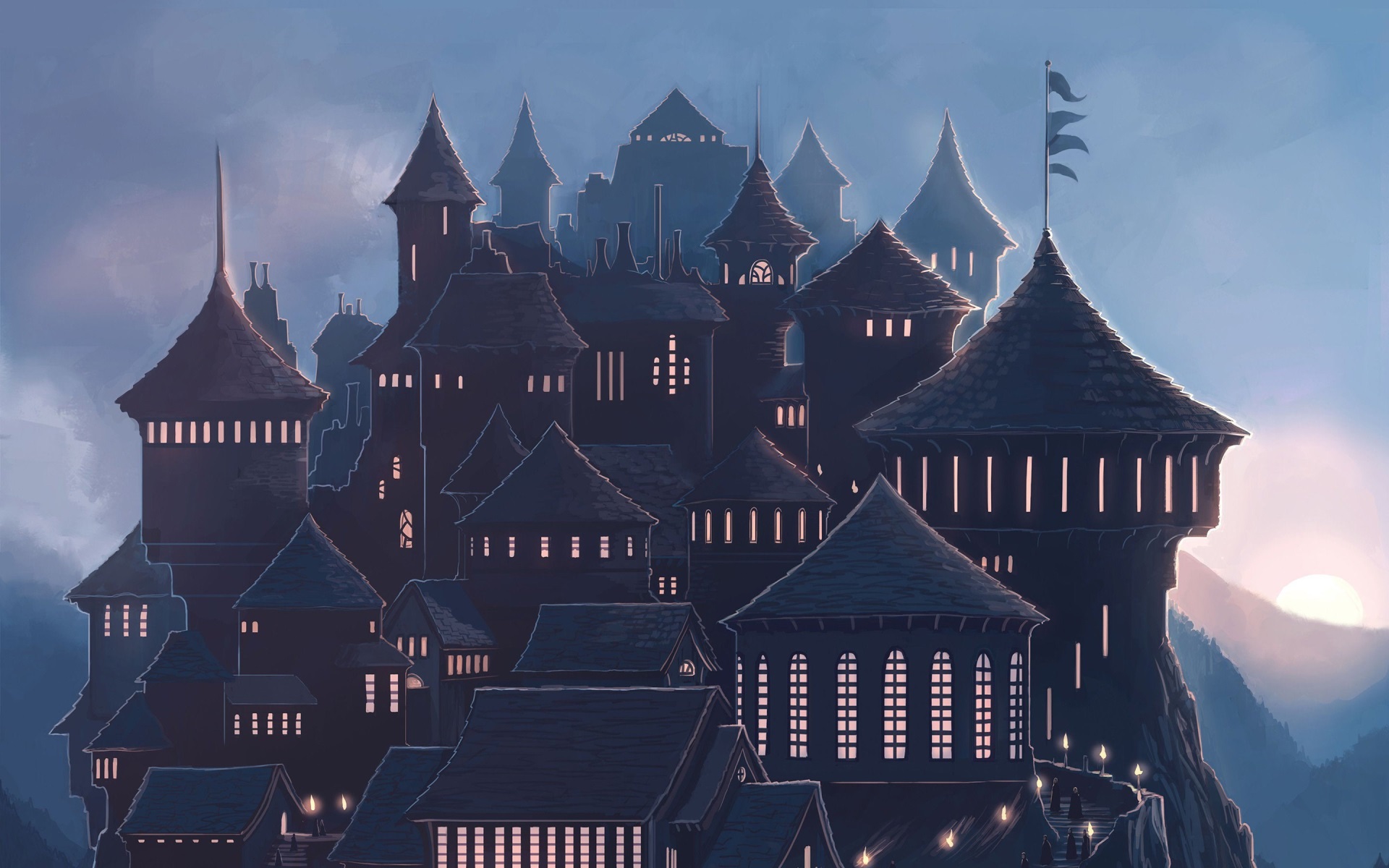 Dark castle on a mountain at sunset HD Wallpaper
