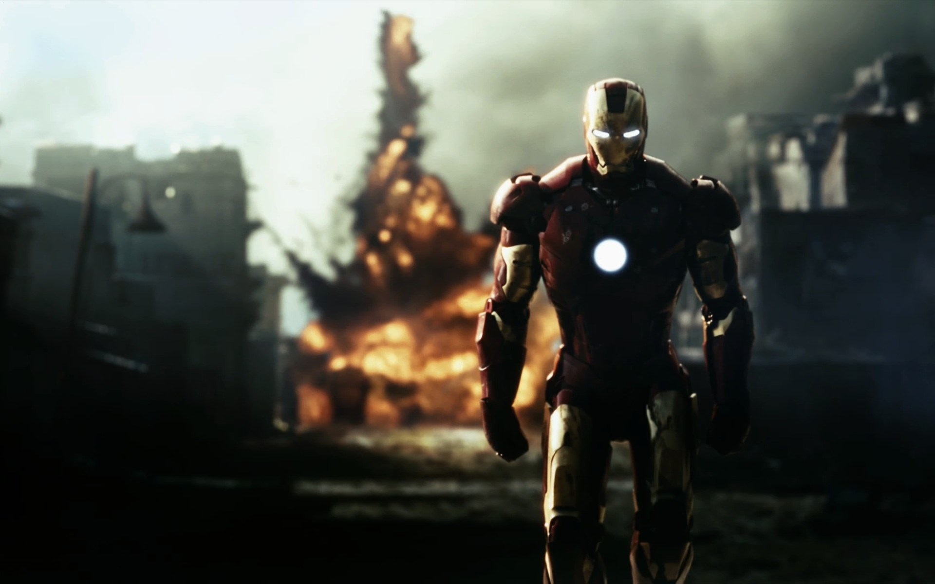 Iron Man in front of an explosion HD Wallpaper