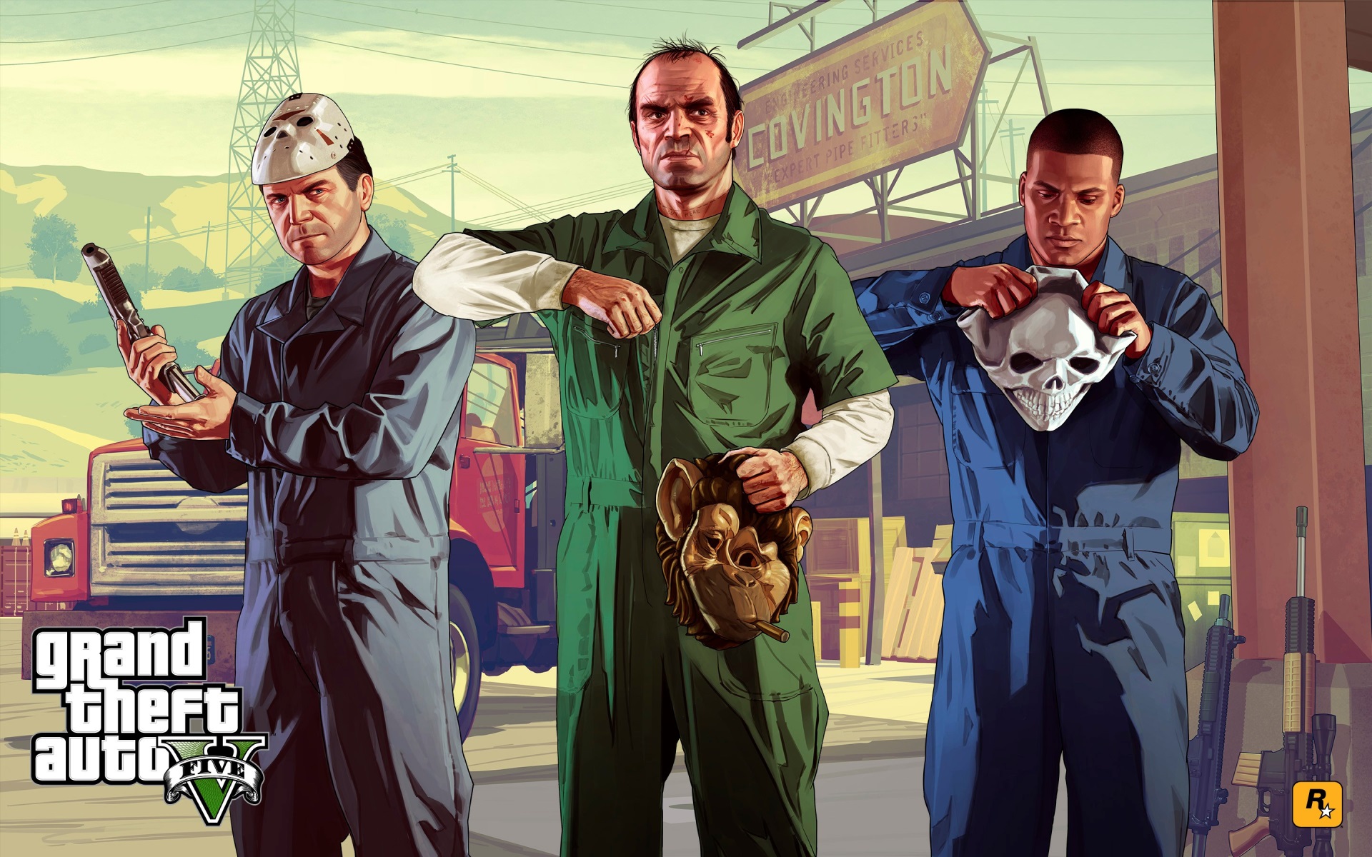 Grand Theft Auto V characters with masks HD Wallpaper