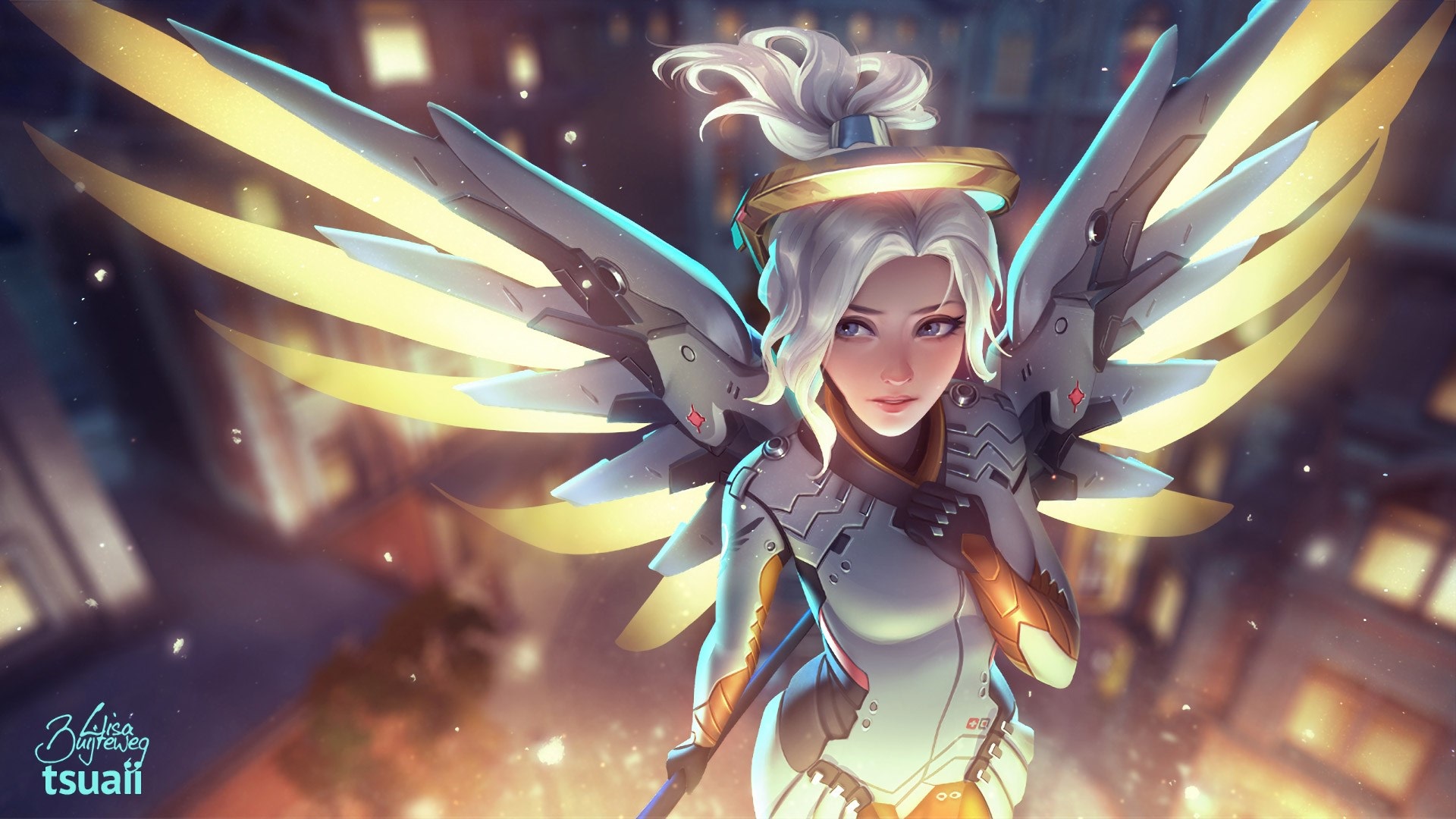 Mercy from Overwatch with glowing wings HD Wallpaper