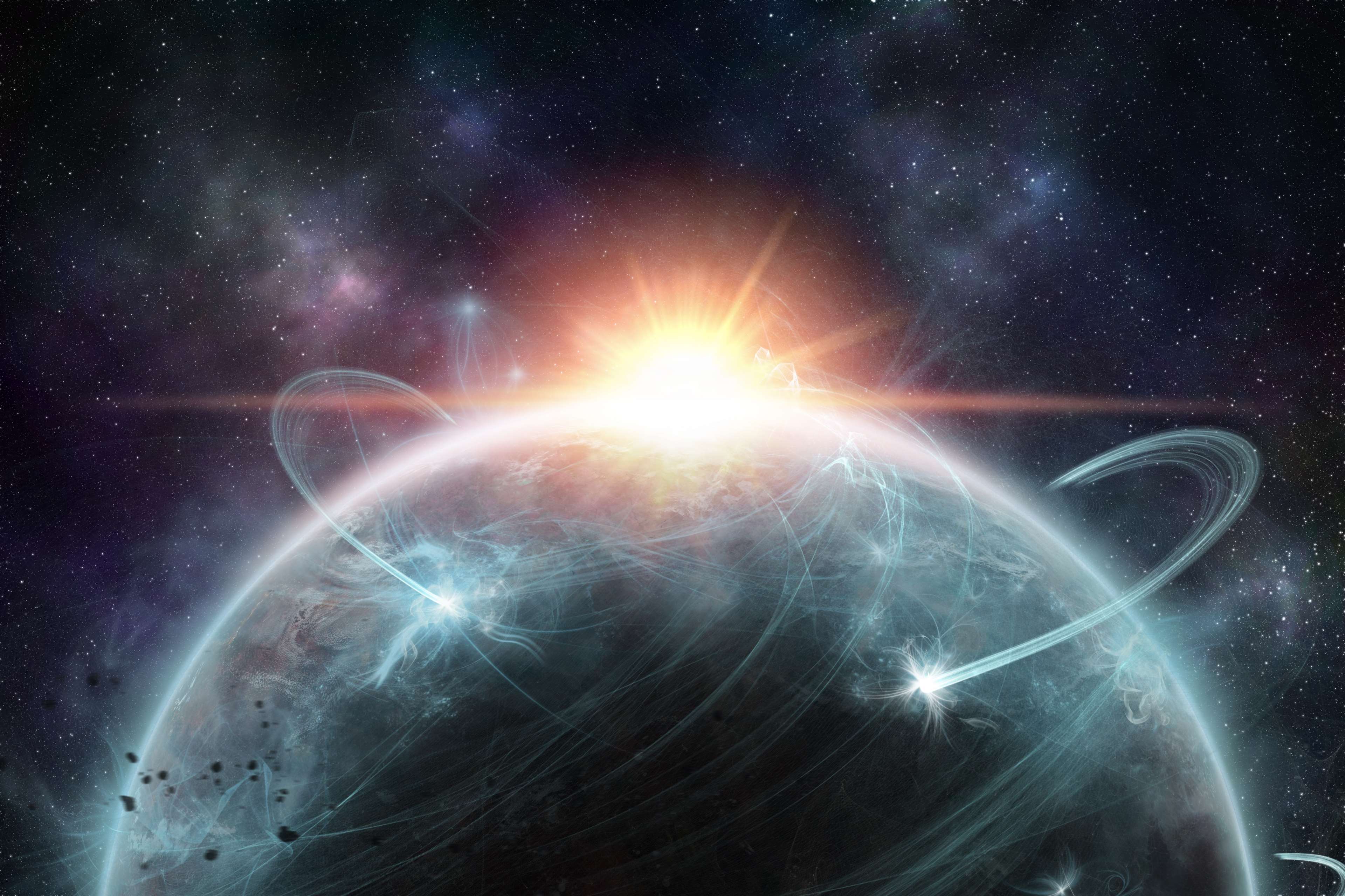 Blue planet with sunrays and rings in space 4K HD Wallpaper