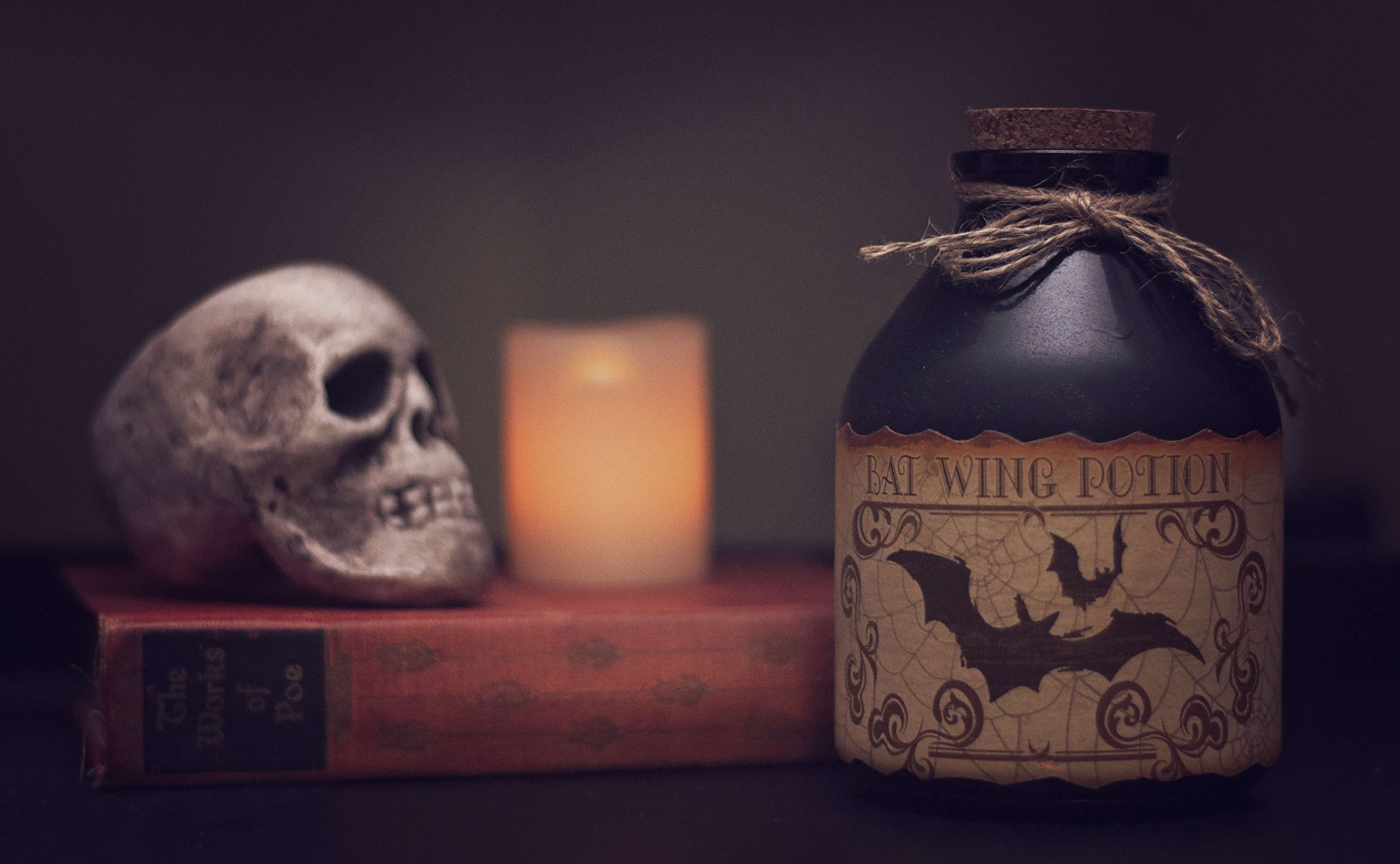 Halloween Bat Wing Potion bottle with skull and book HD Wallpaper