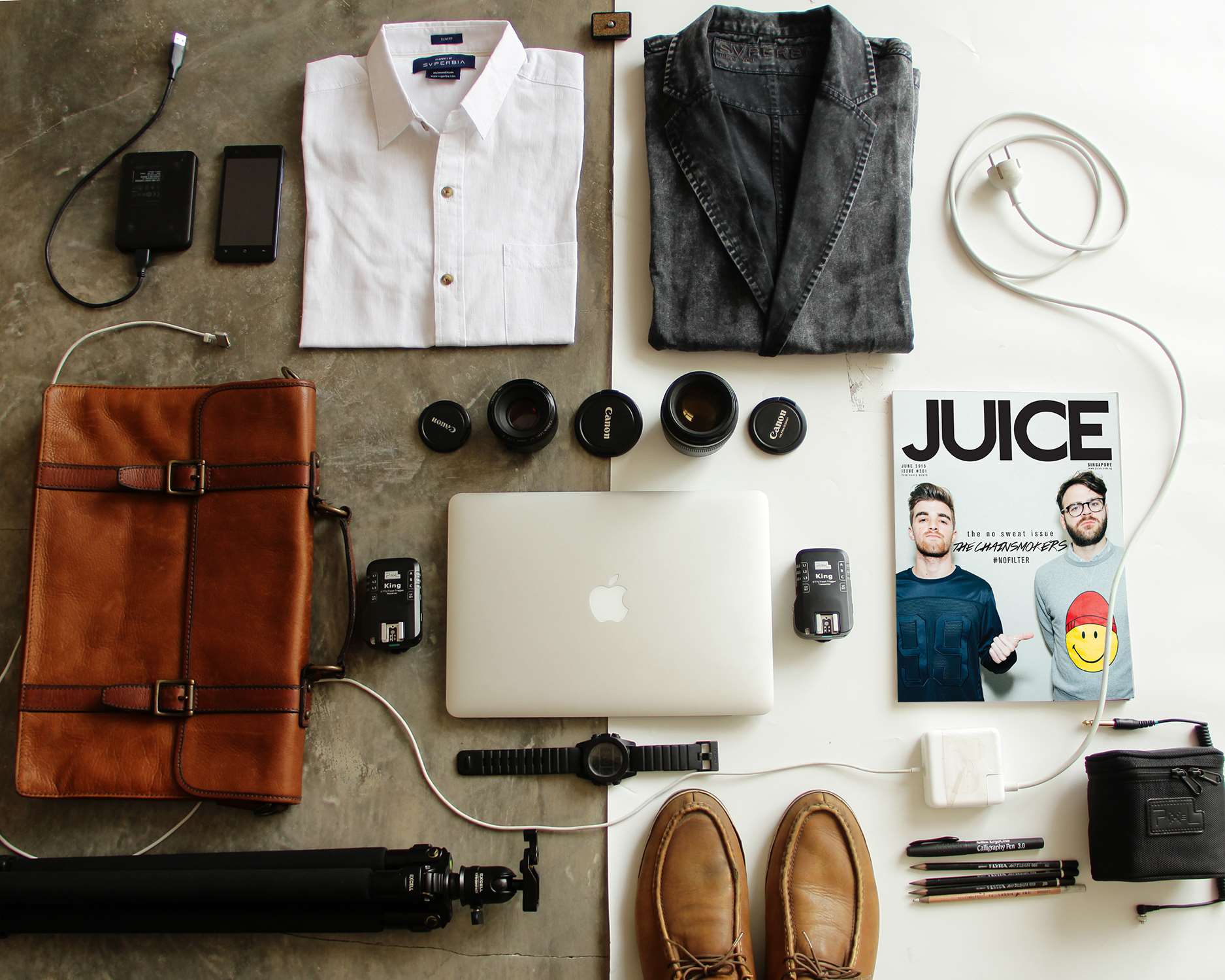 Photographer's flat lay with MacBook, camera gear, and clothing HD Wallpaper