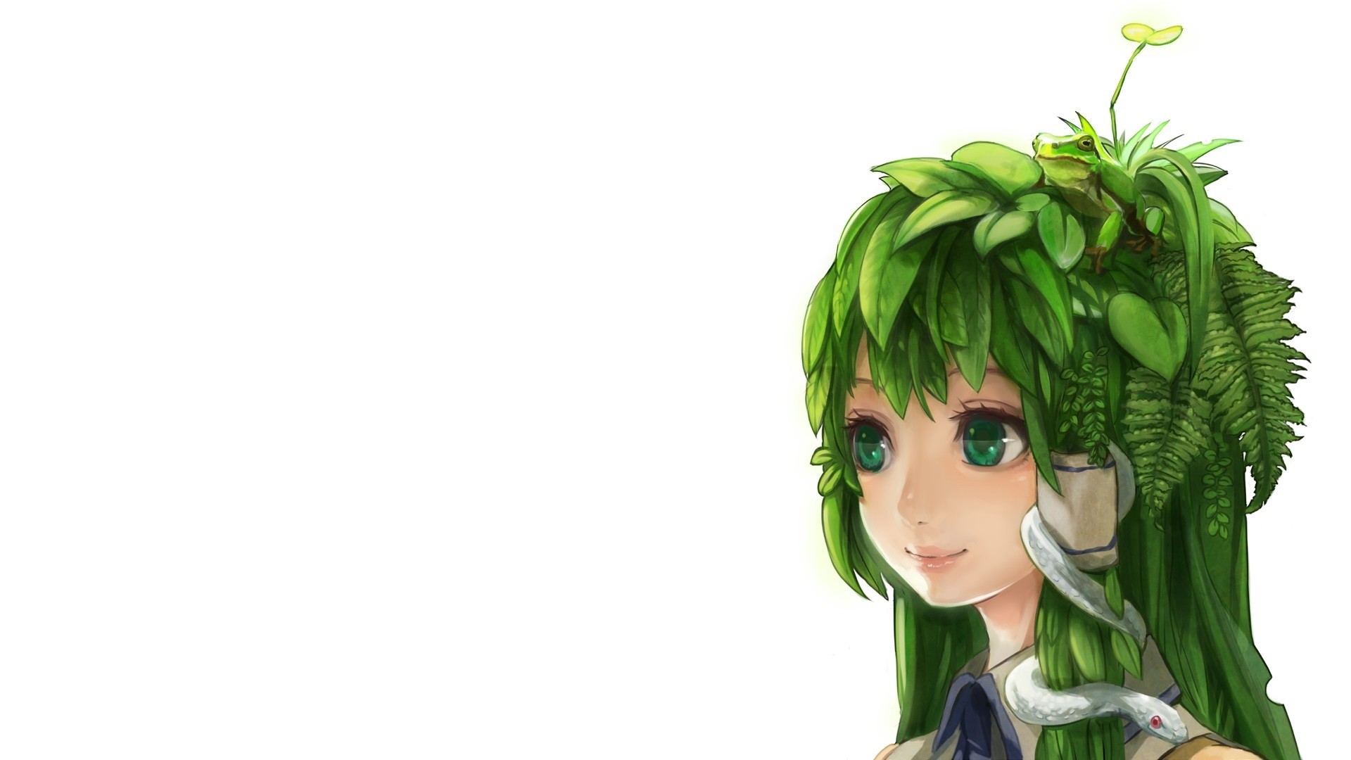 Anime girl with green hair and leaves, frog, snake HD Wallpaper
