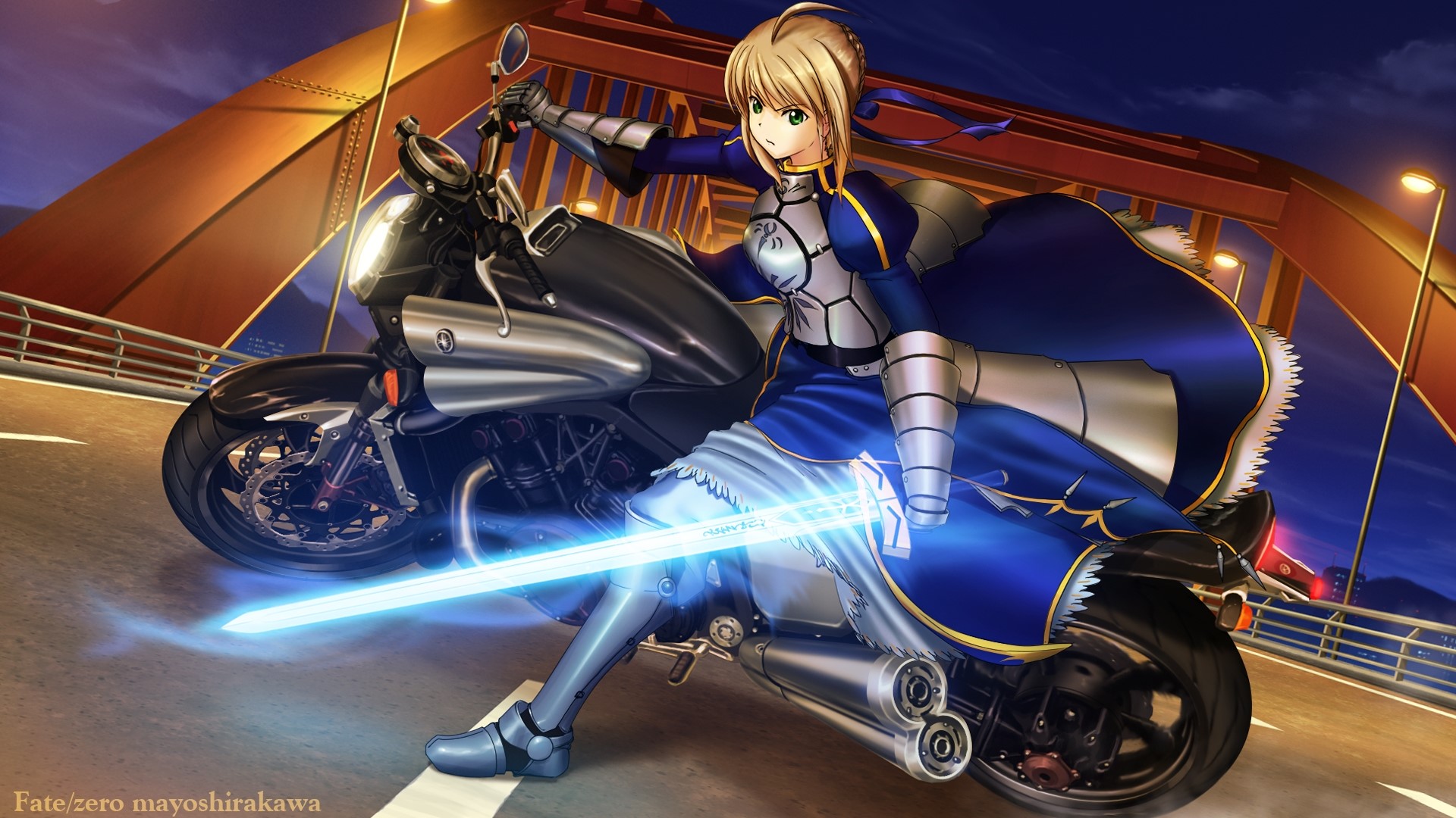 Saber from Fate/Zero on a motorcycle HD Wallpaper