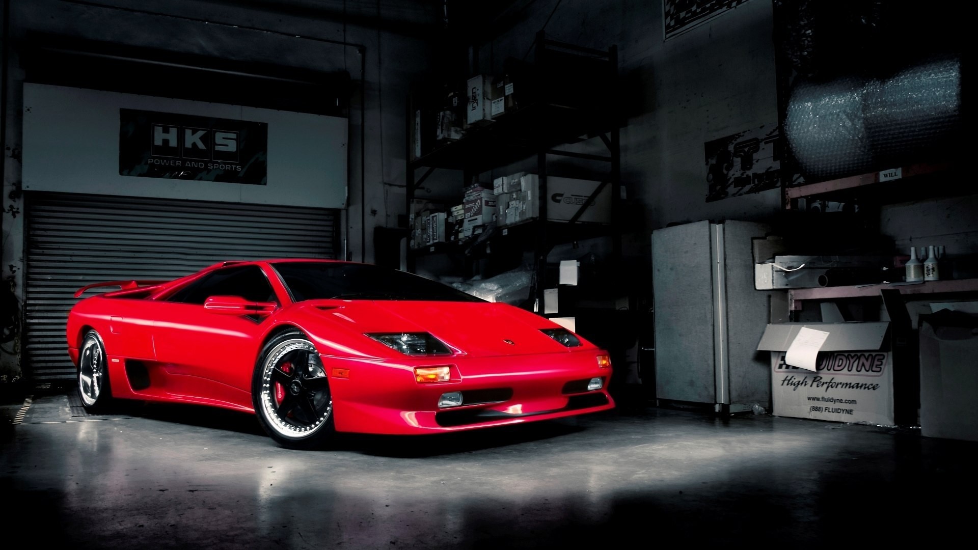 Red Lamborghini Diablo in a Garage HD Wallpaper