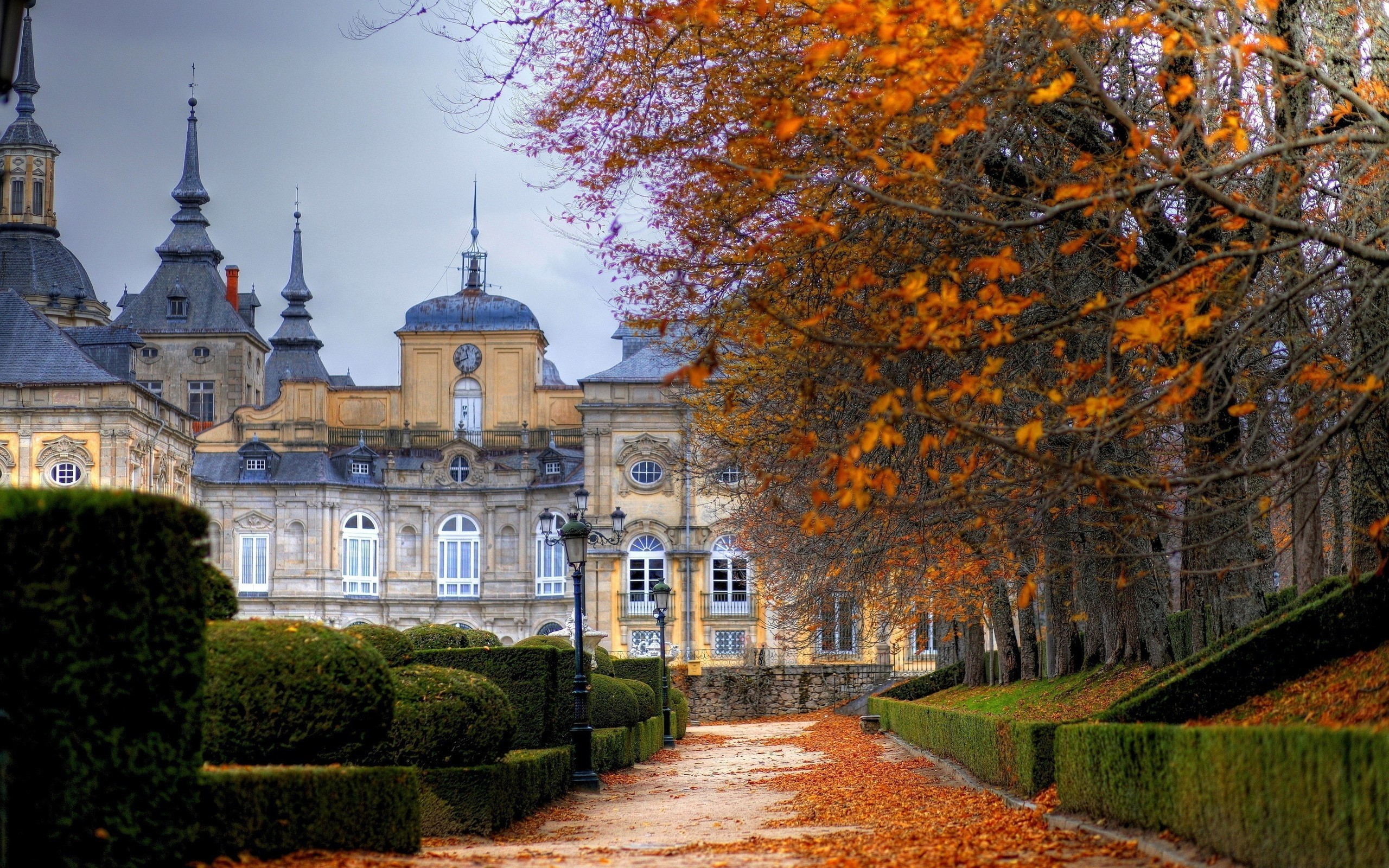Palace and autumn park with fallen leaves HD Wallpaper