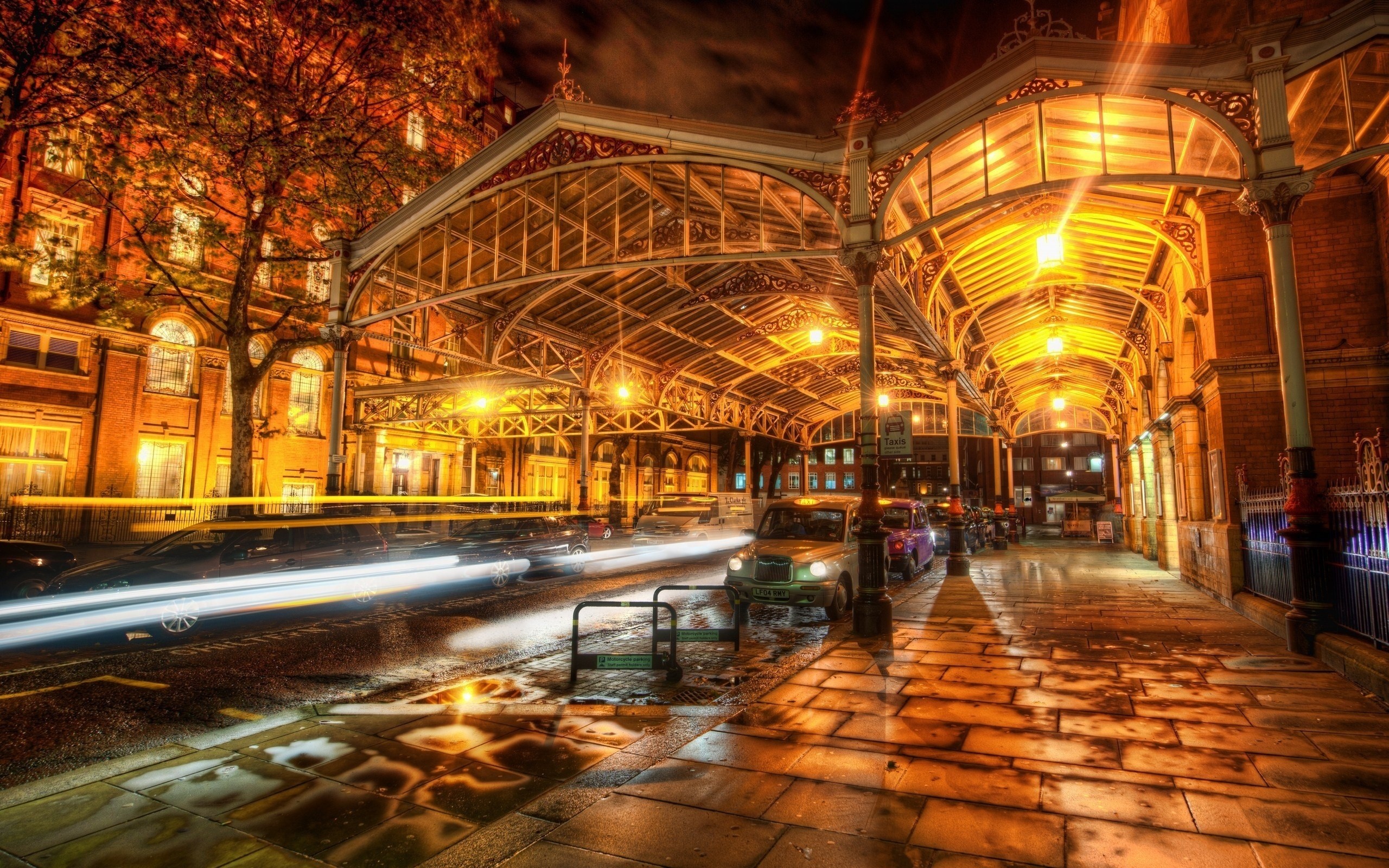 London street at night with HDR lights HD Wallpaper
