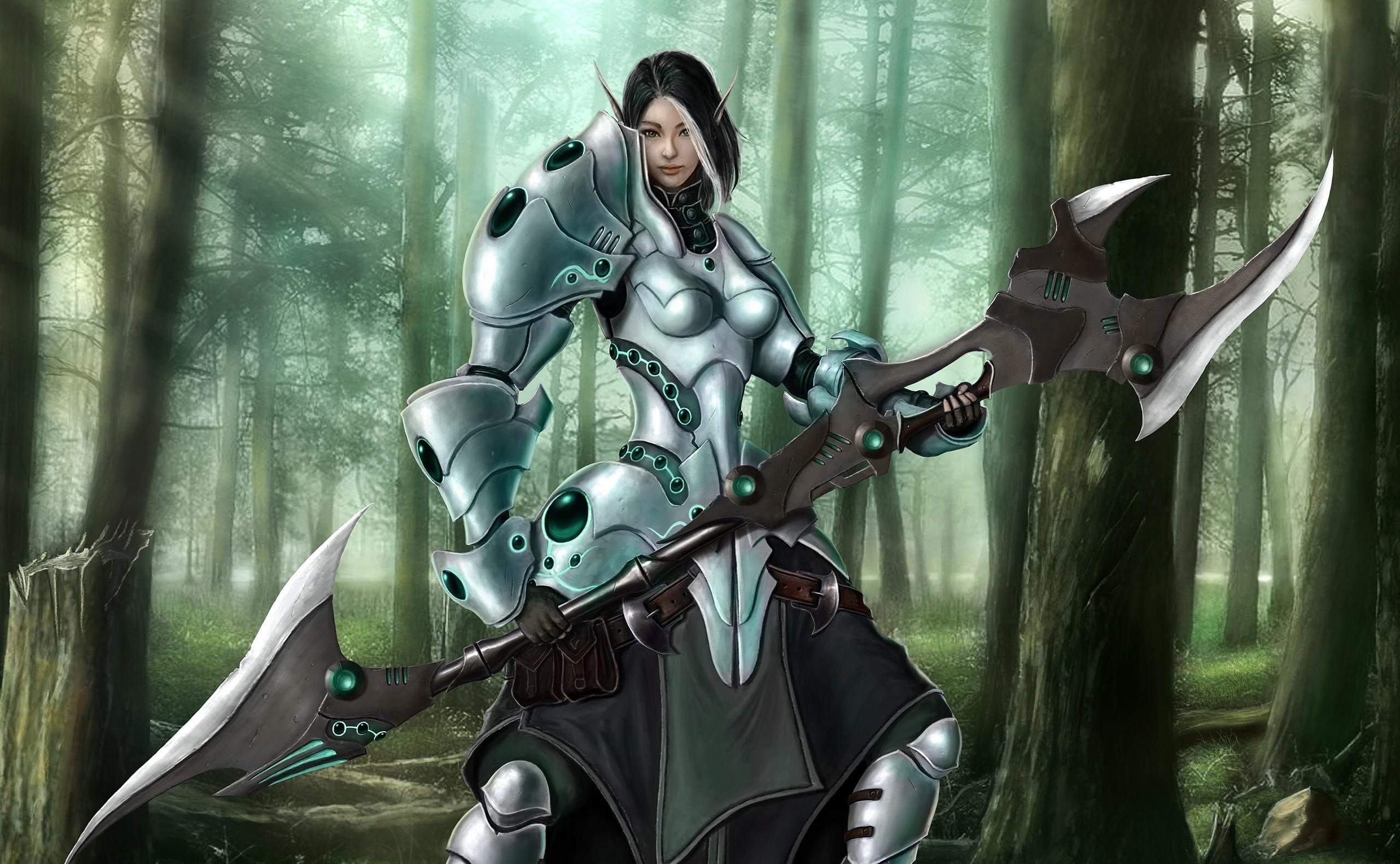 Elf warrior in ornate armor holding a large weapon in a forest HD Wallpaper