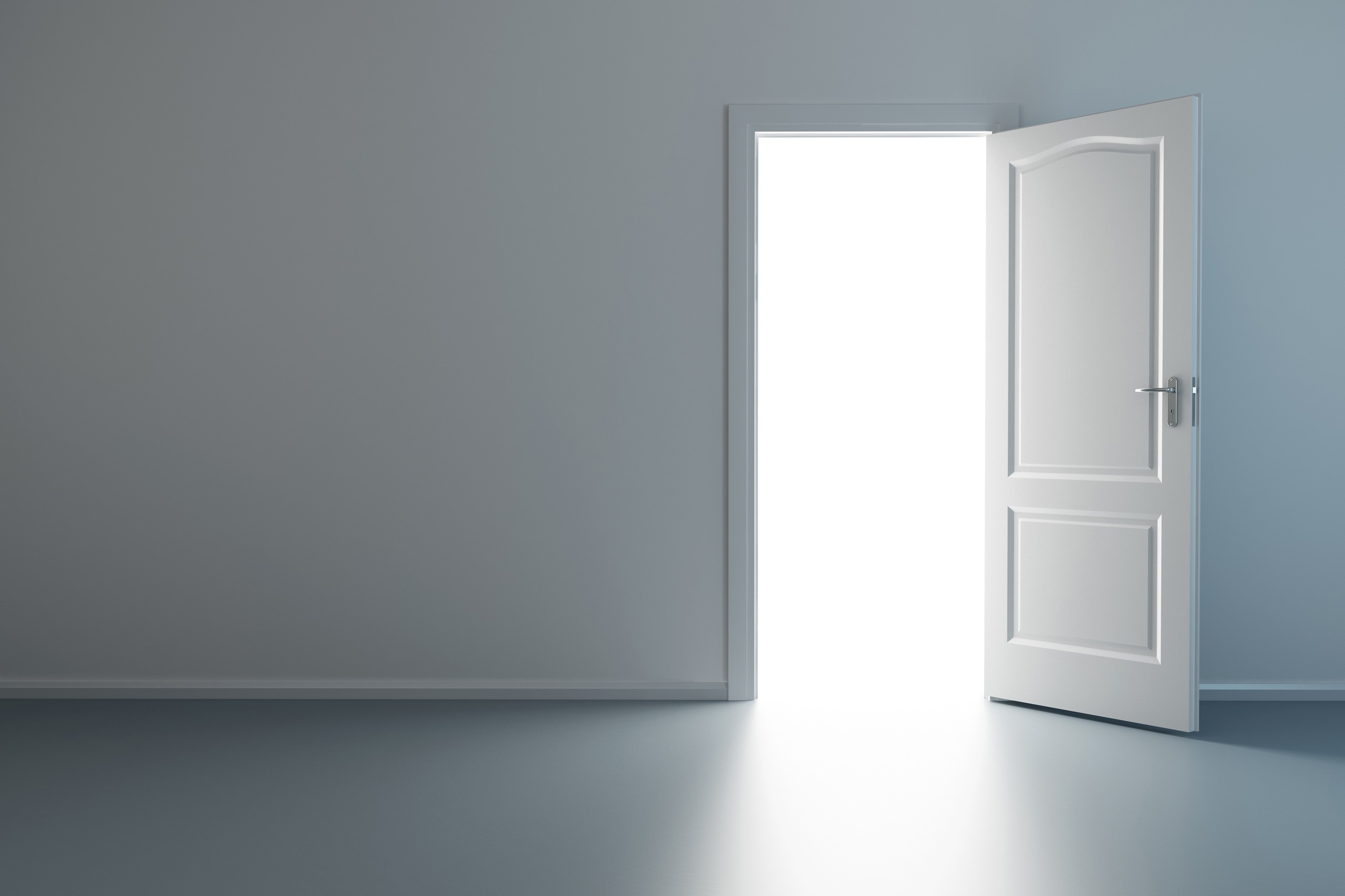 Minimalist interior with an open white door and bright light HD Wallpaper