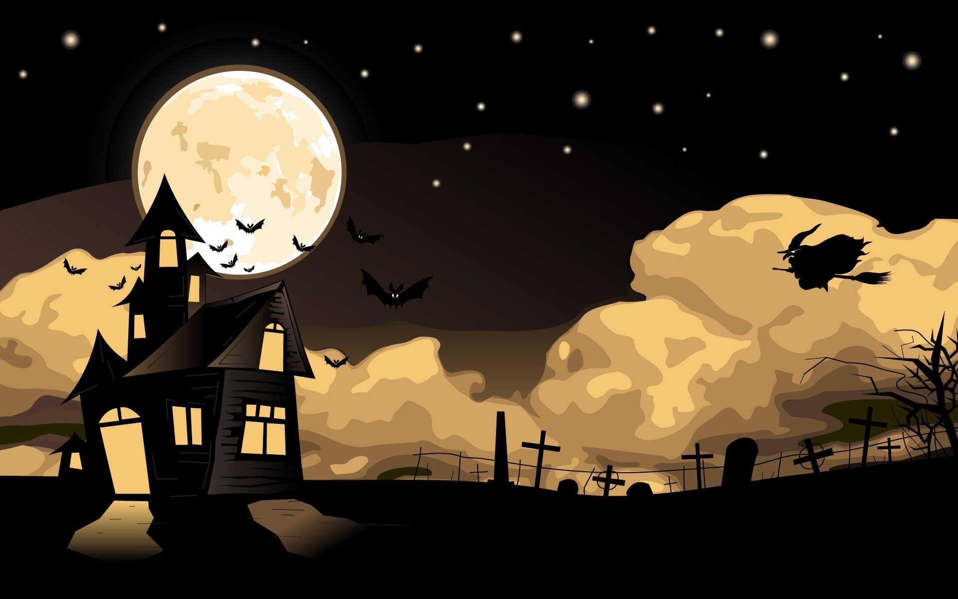 Halloween haunted house with witch flying by moon HD Wallpaper