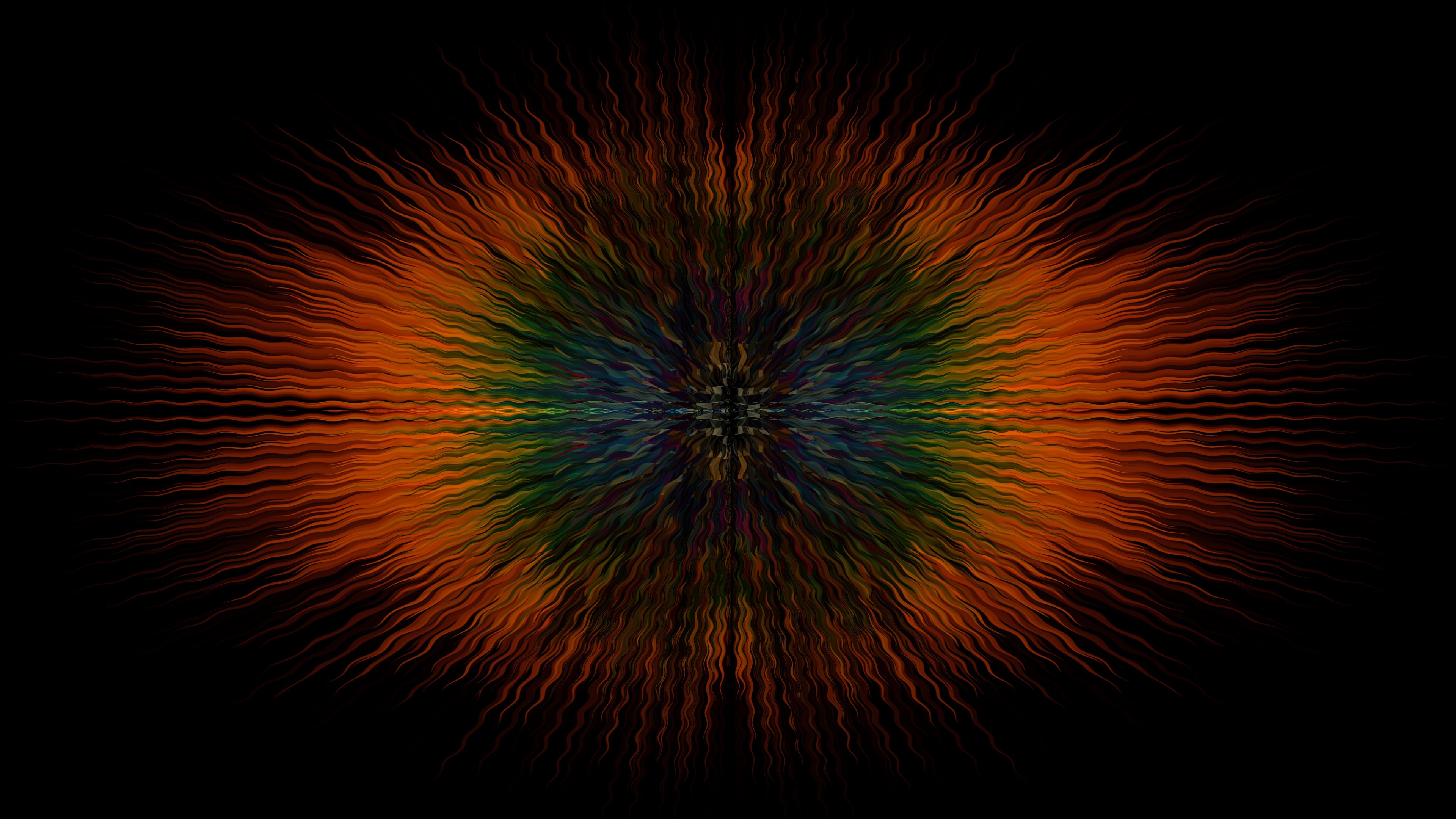 Abstract radial burst of wavy lines in orange, green, and blue HD Wallpaper