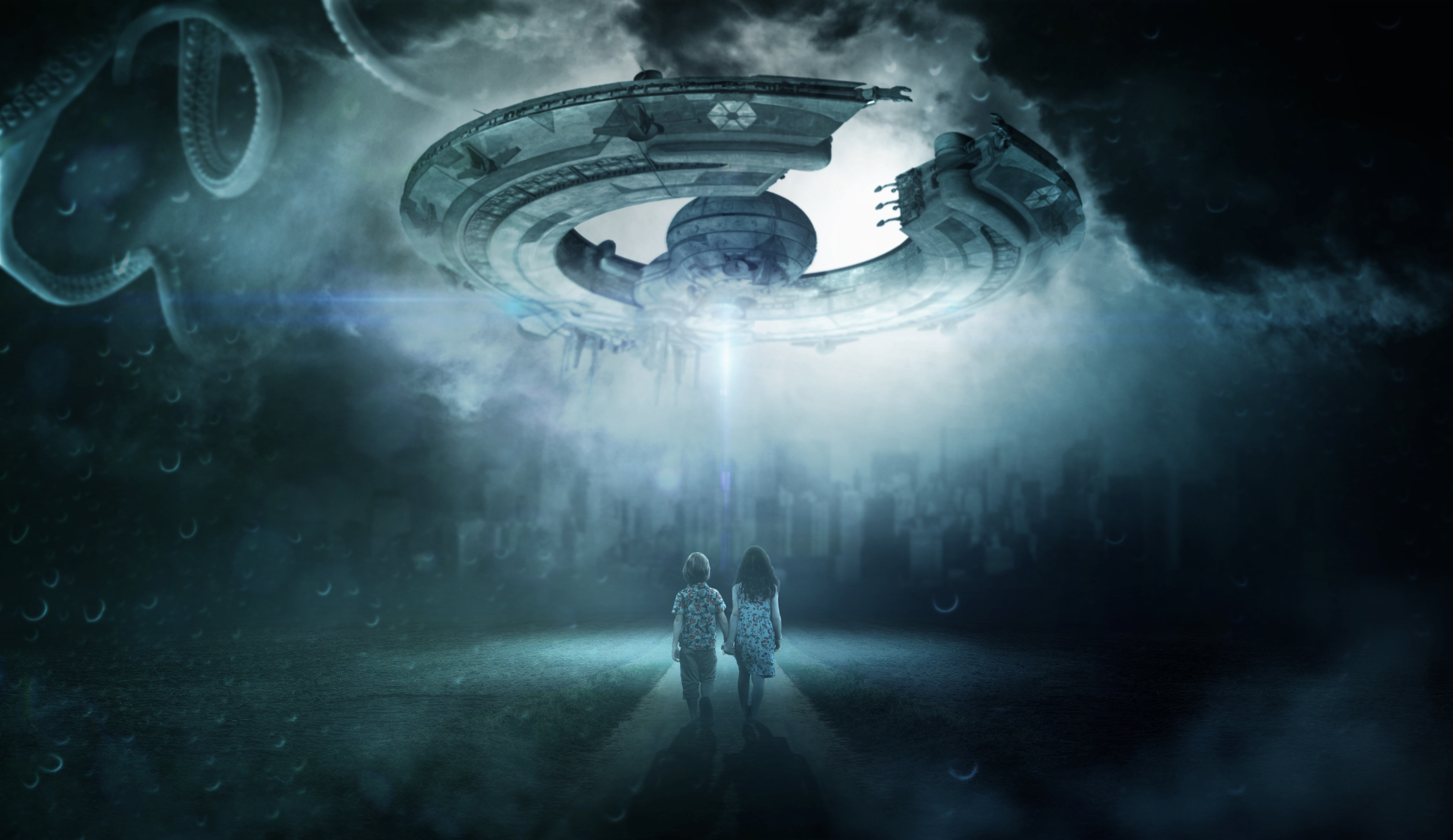 Spaceship hovering over city with children HD Wallpaper