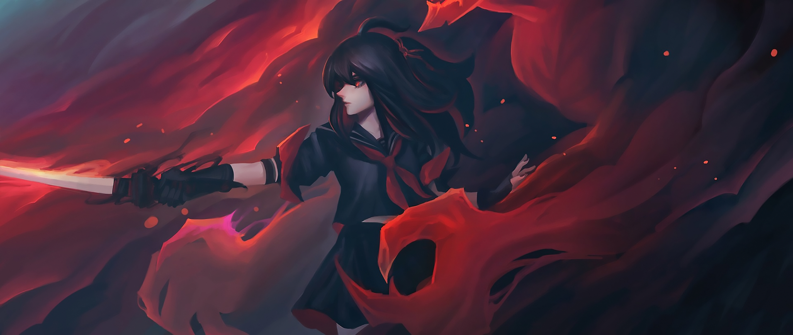 Anime girl with sword in red flames HD Wallpaper