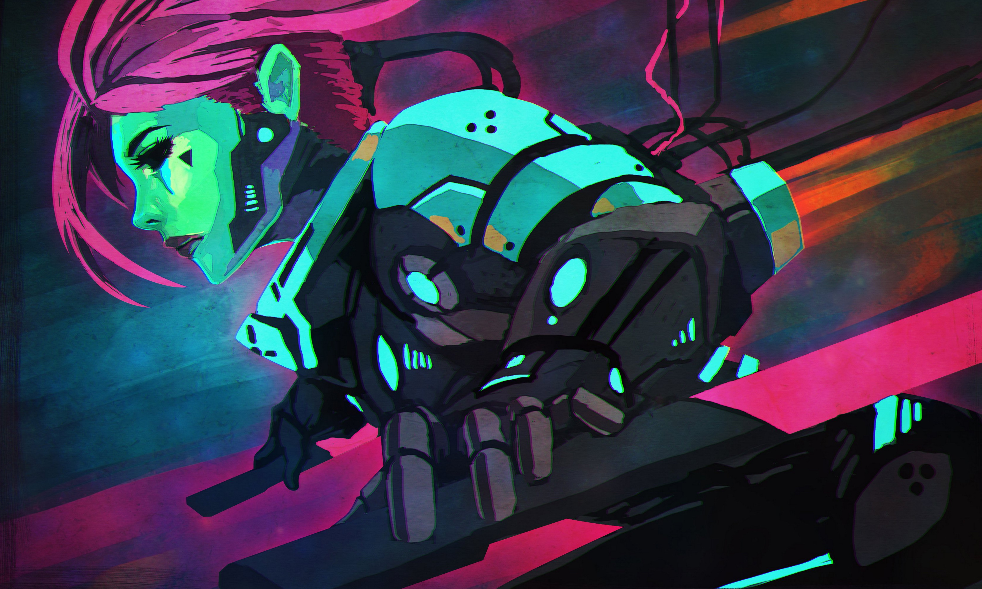 Cyberpunk character with pink hair and neon armor HD Wallpaper