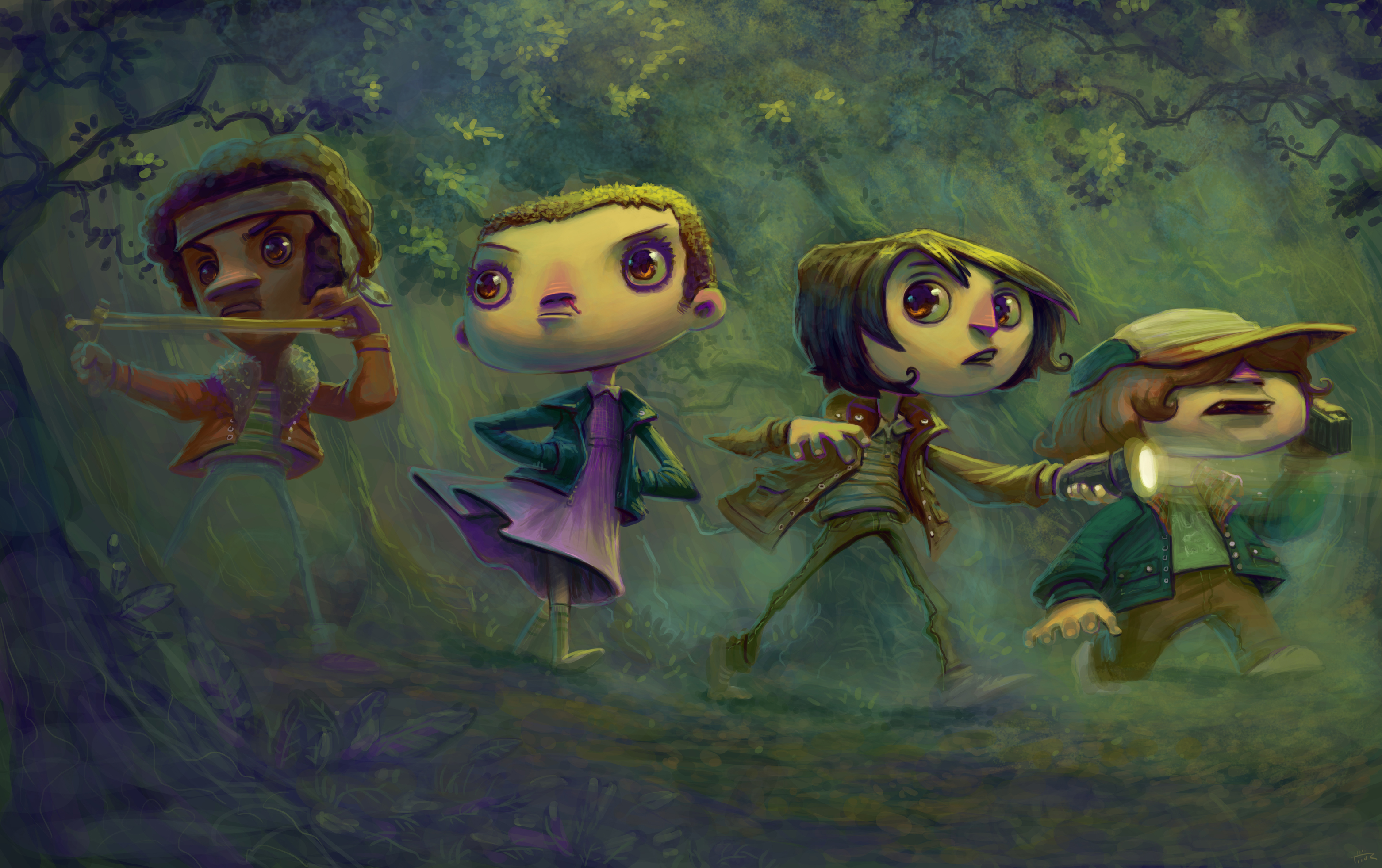 Stranger Things characters in a forest HD Wallpaper