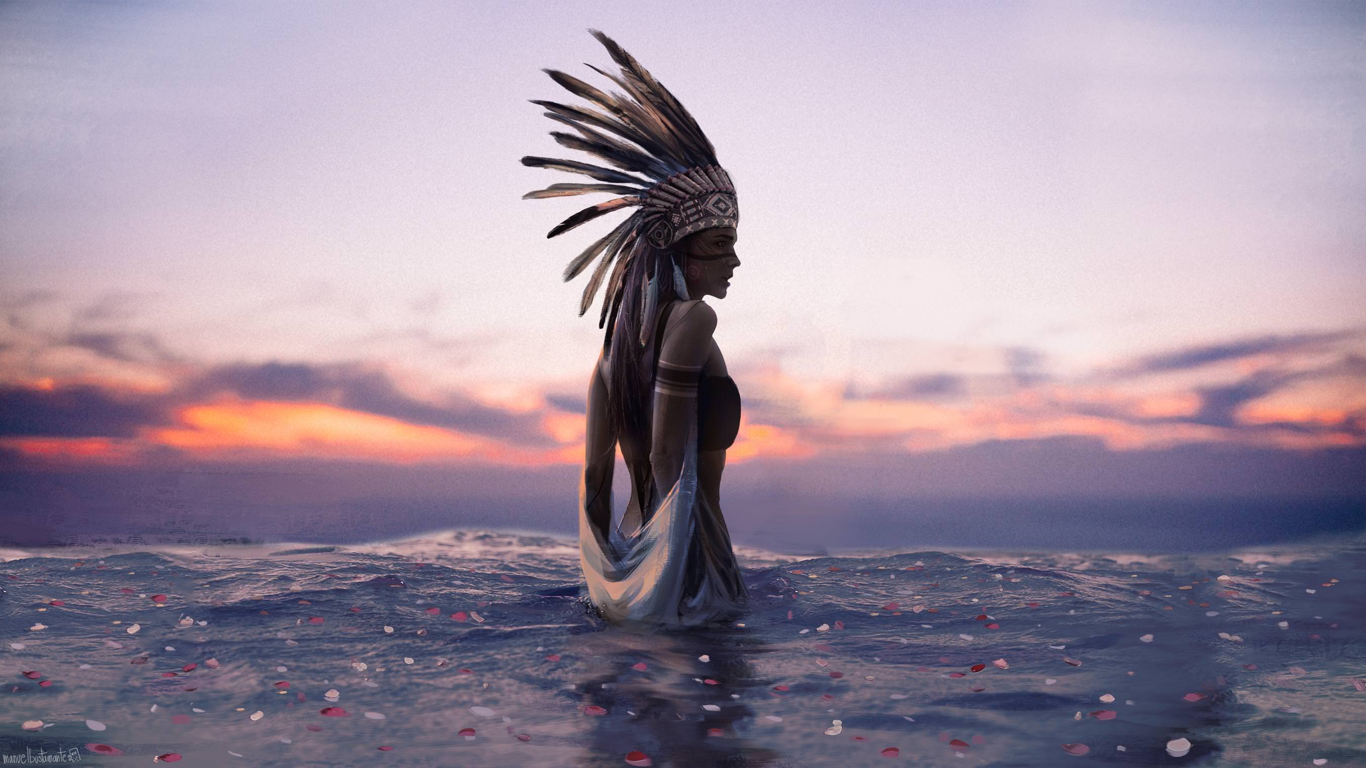 Woman in Native American Headdress in Water at Sunset HD Wallpaper