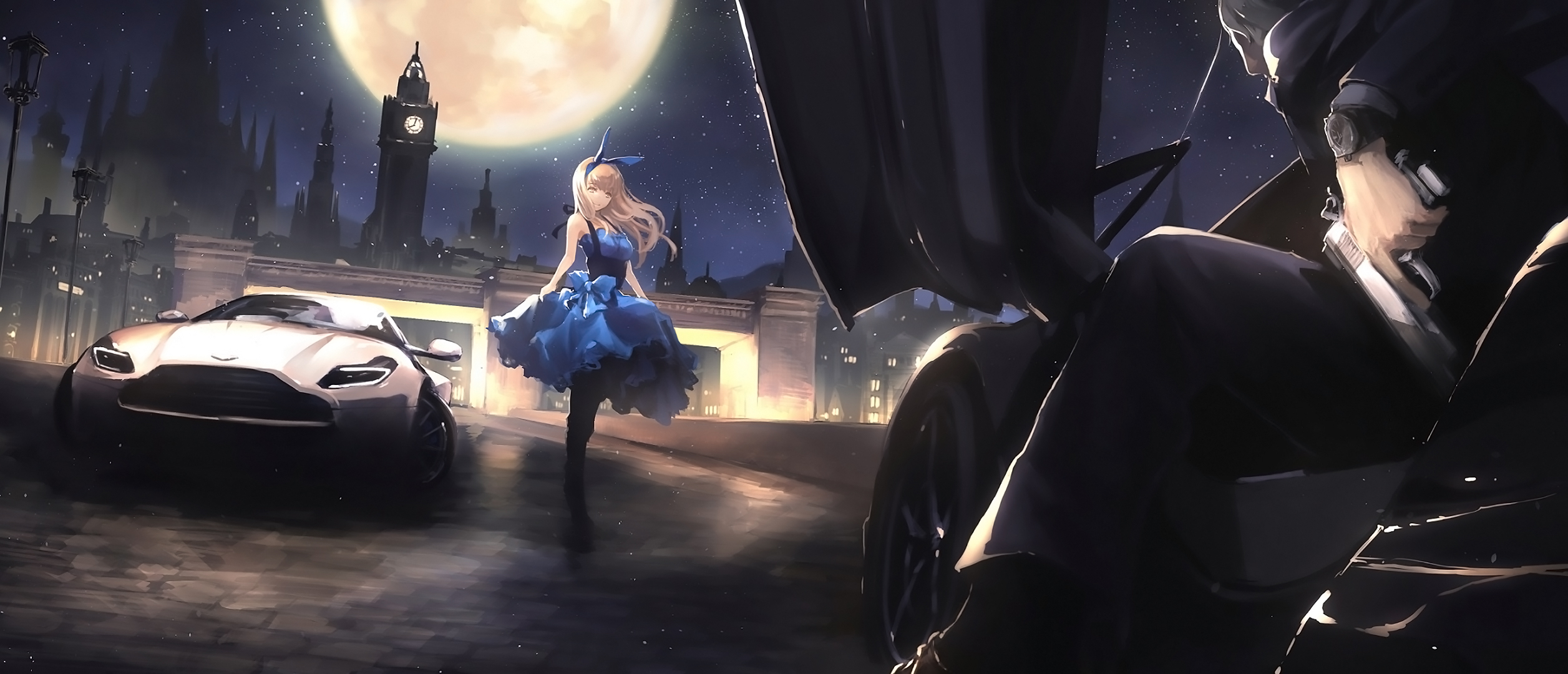 Anime girl in blue dress with car and clock tower at night HD Wallpaper