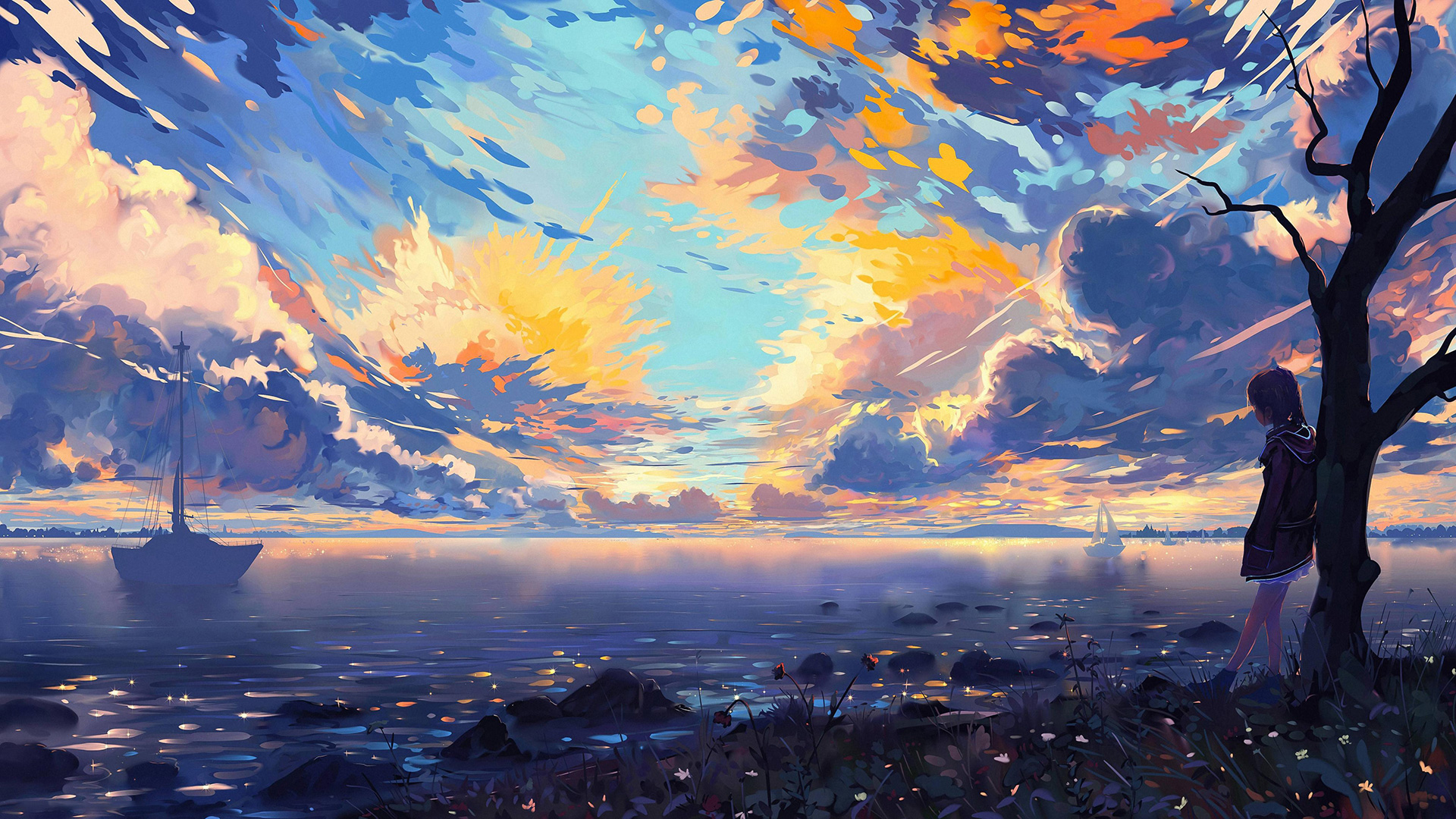 Anime girl by the sea at sunset with boats HD Wallpaper