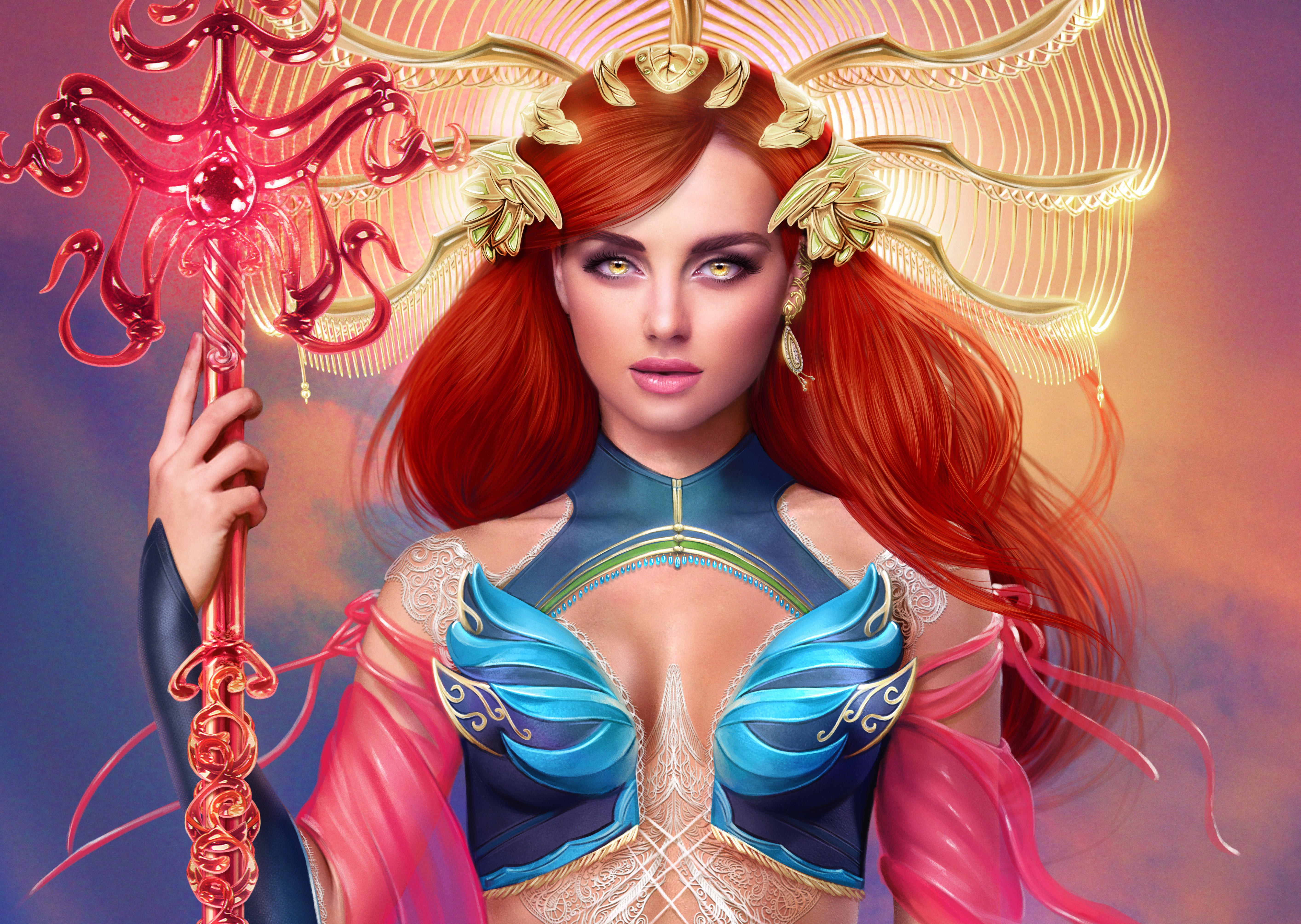 Fantasy artwork of a red-haired witch with a staff HD Wallpaper