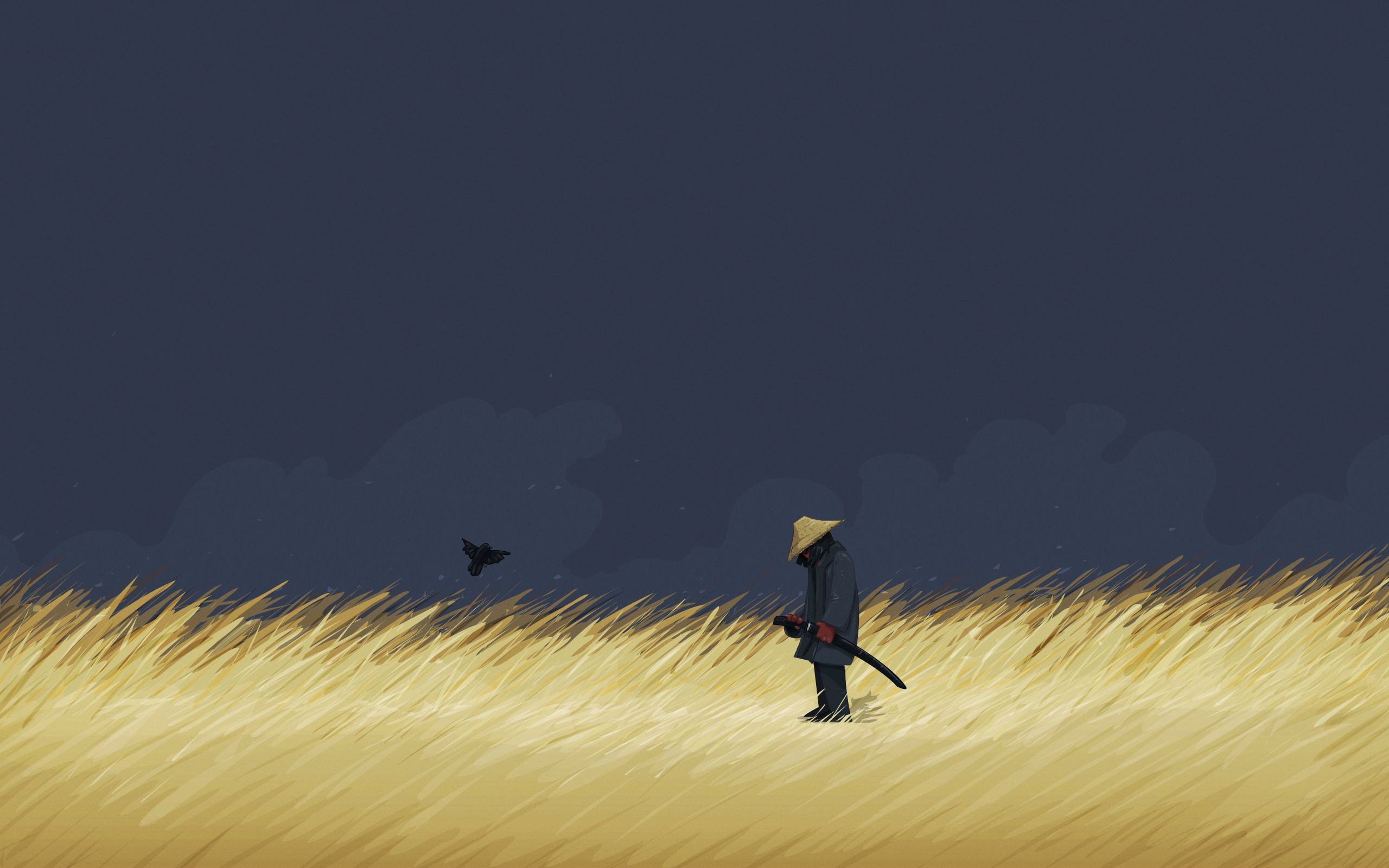 Samurai with sword and crow in field HD Wallpaper