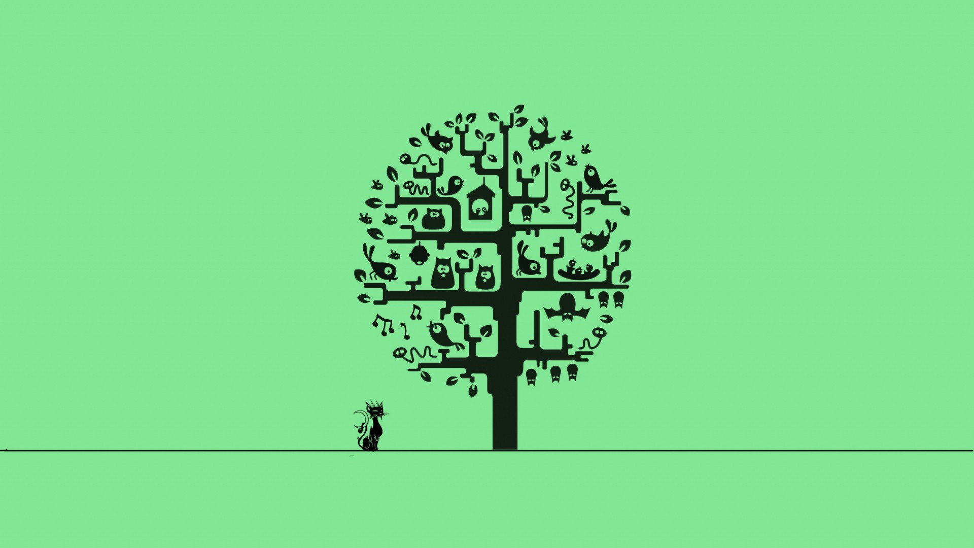 Minimalist tree with animals and a cat HD Wallpaper