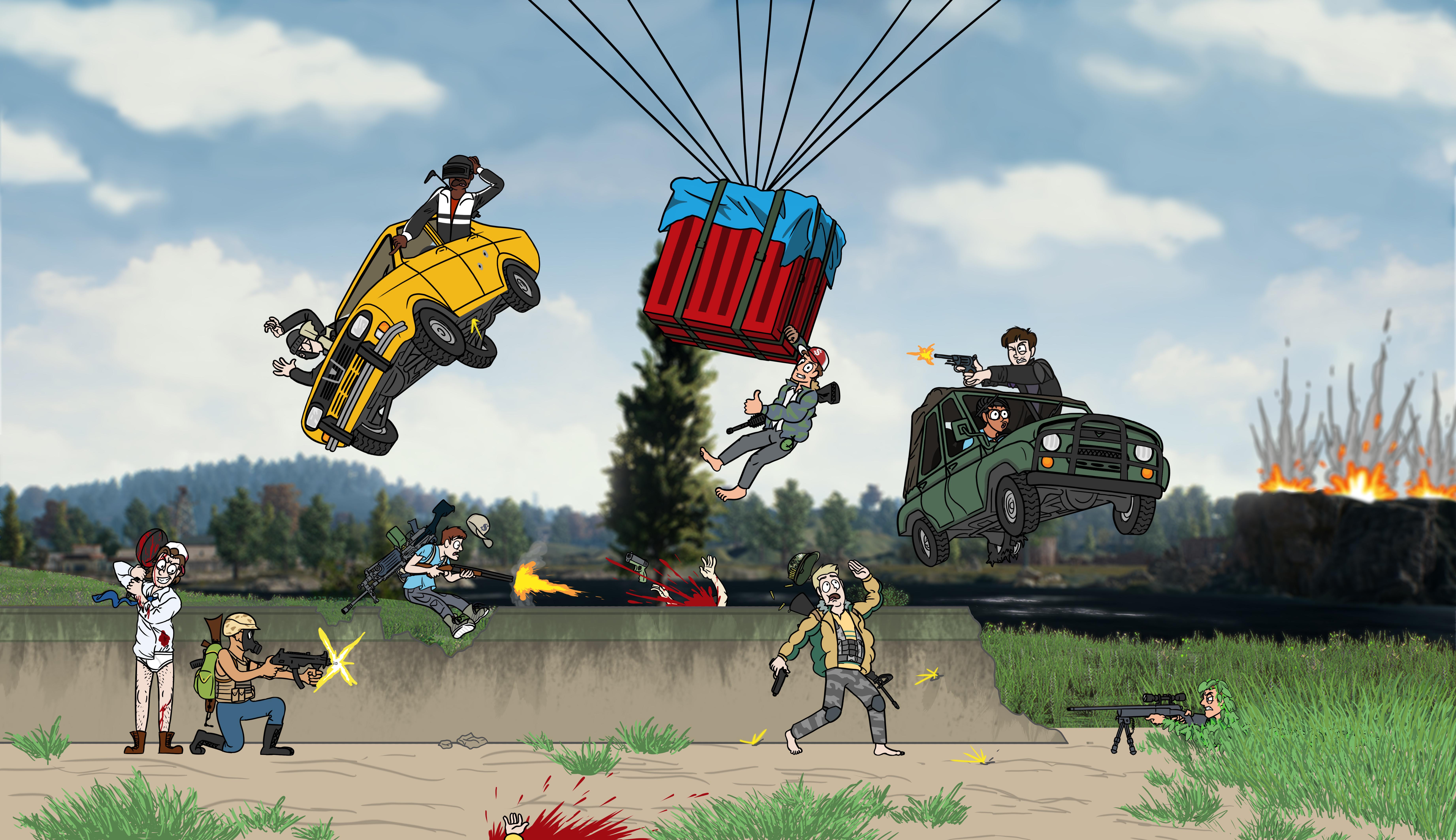 PlayerUnknown's Battlegrounds characters in a chaotic battle HD Wallpaper