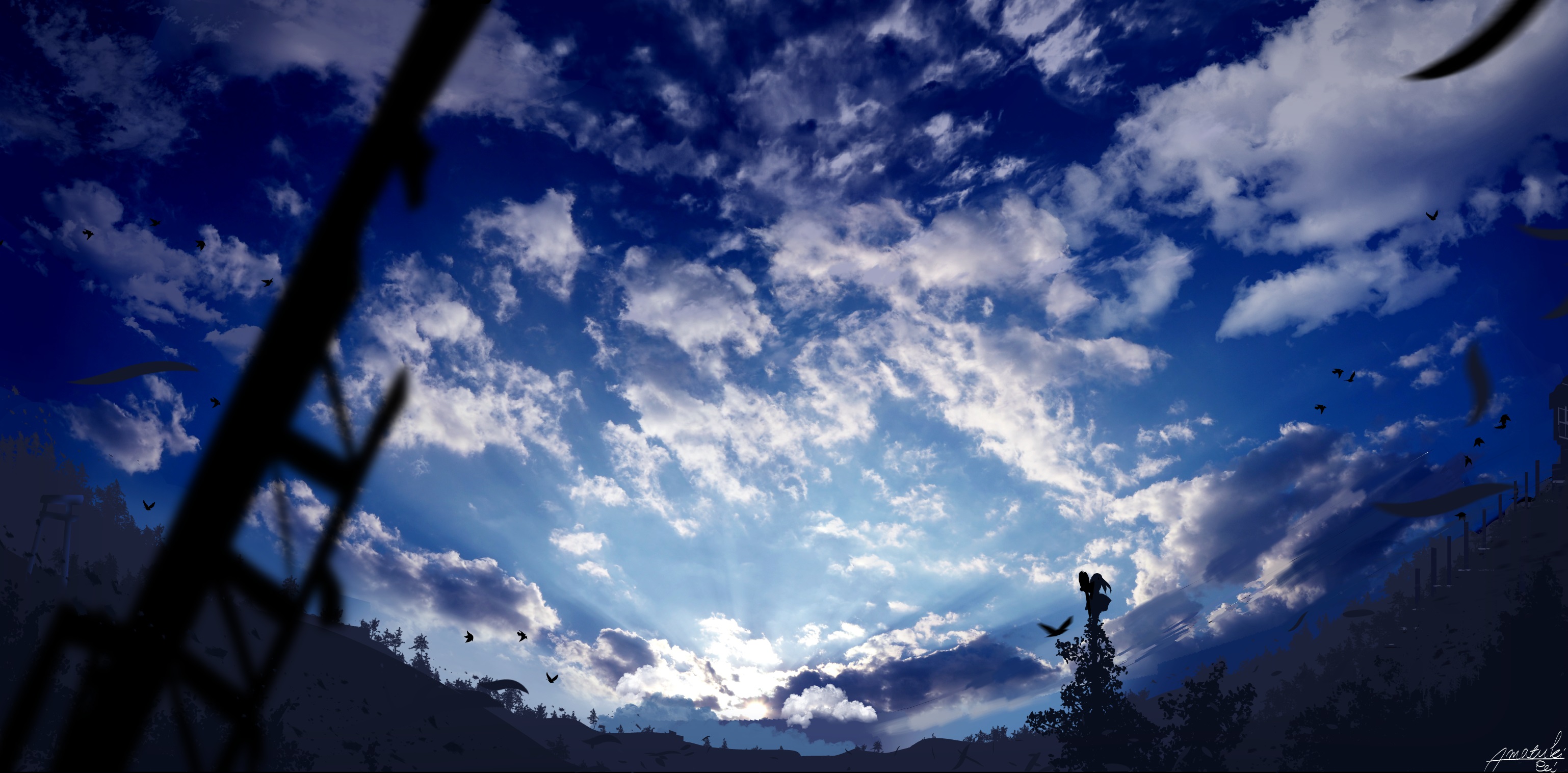 Anime girl on a tree with birds in the sky HD Wallpaper