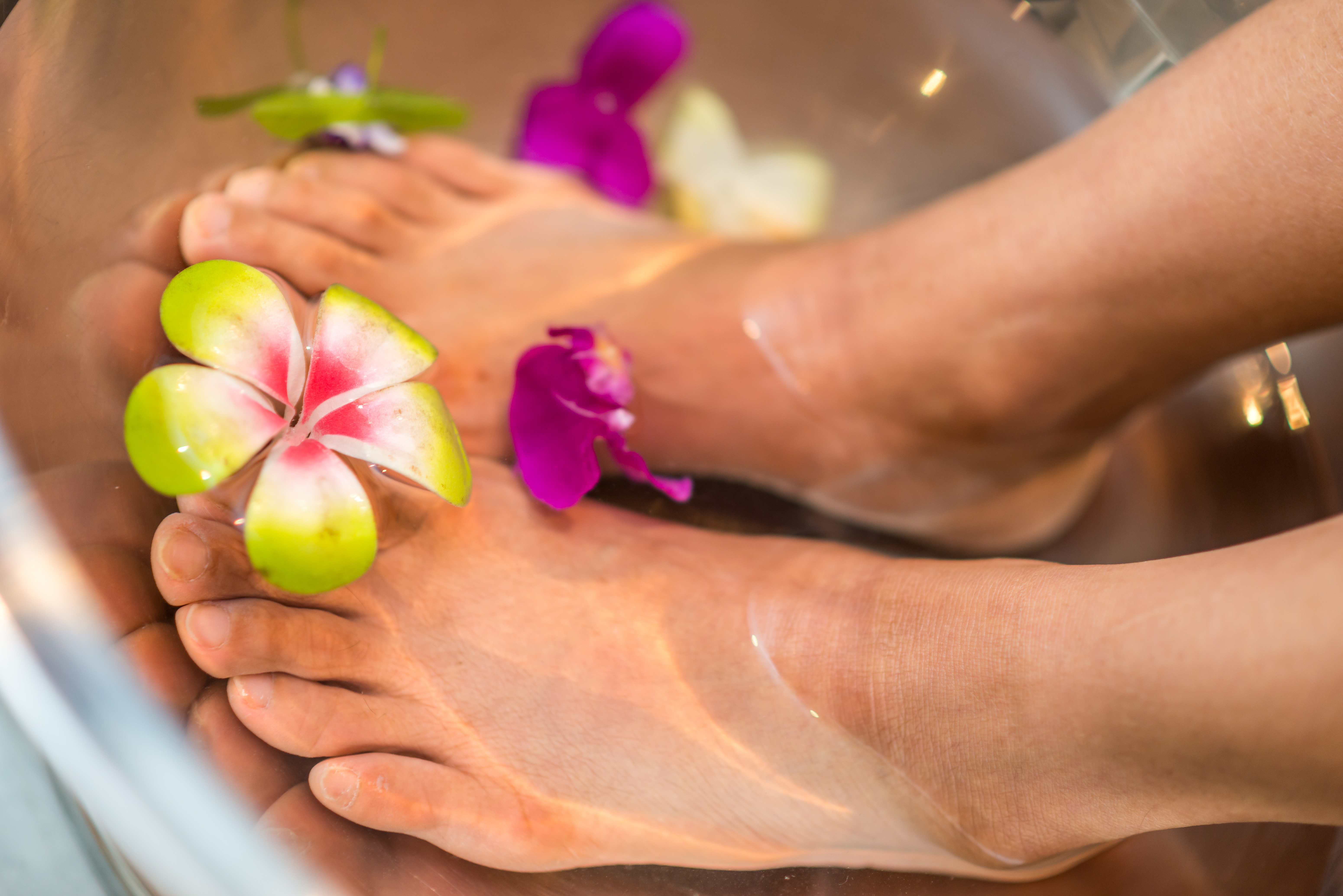 Feet soaking in water with flowers HD Wallpaper