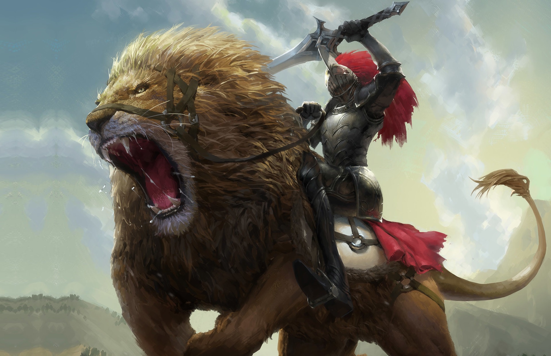 Knight riding a roaring lion HD Wallpaper