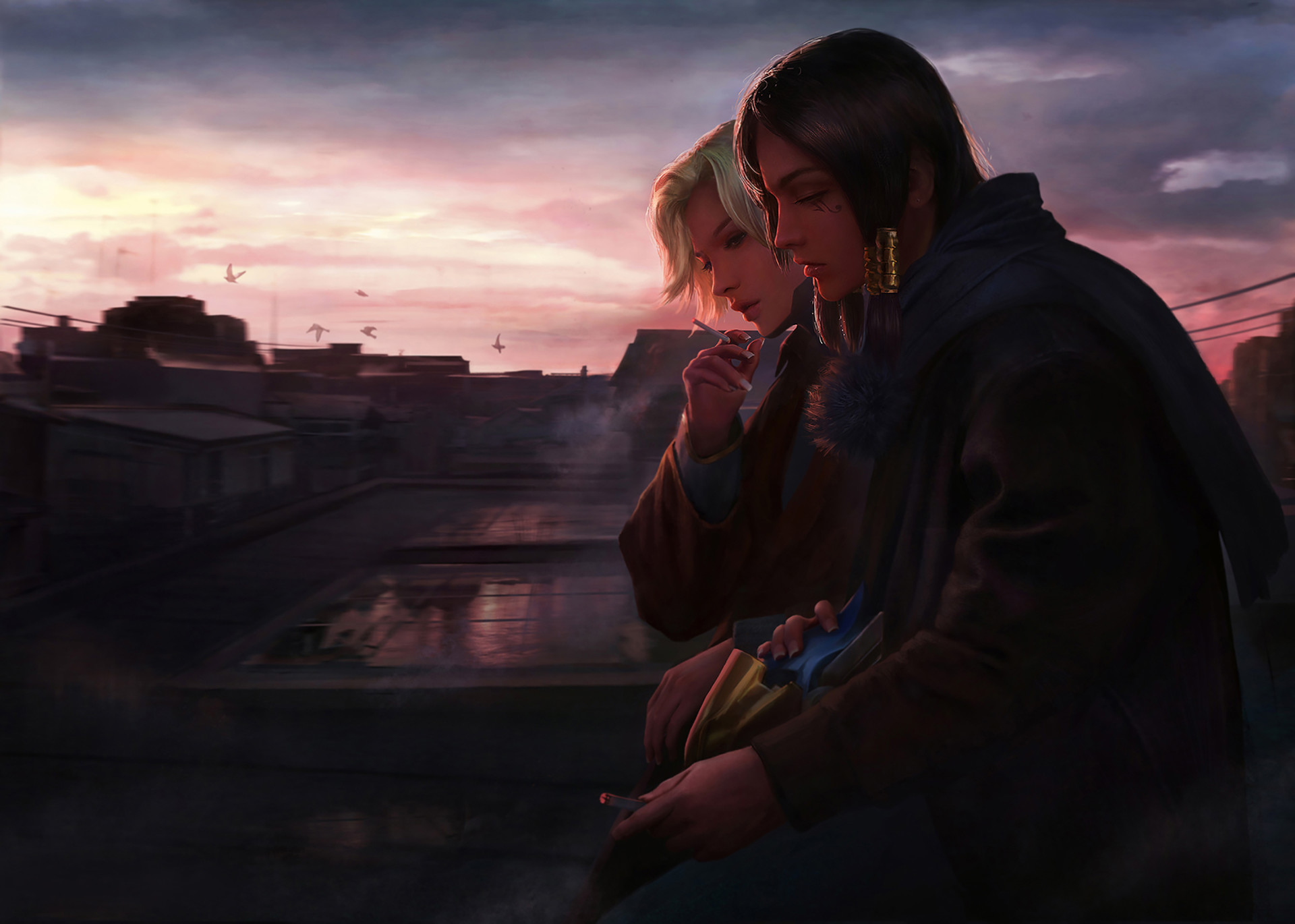 Mercy and Pharah from Overwatch smoking on a rooftop HD Wallpaper