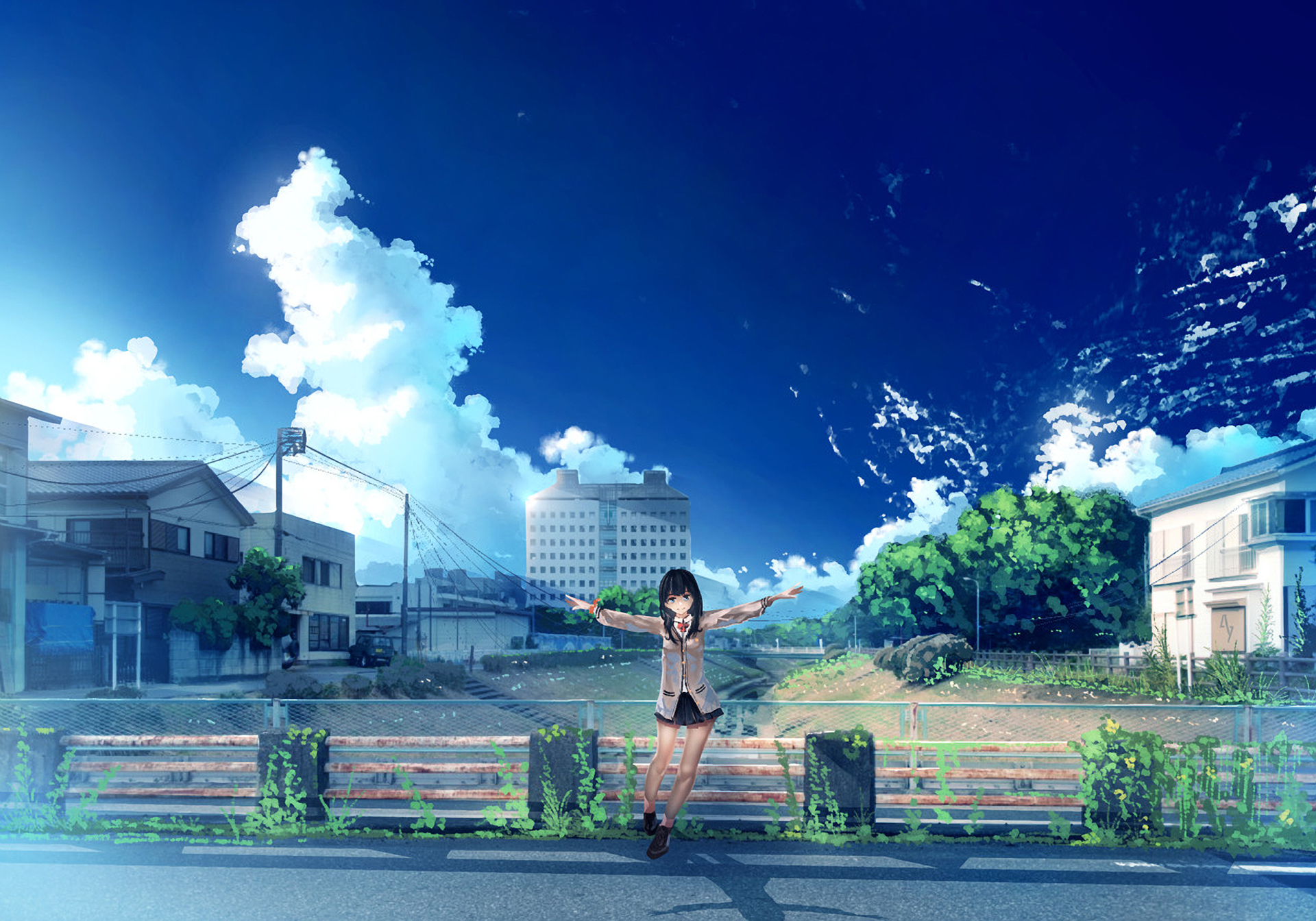 Girl in school uniform with arms outstretched HD Wallpaper