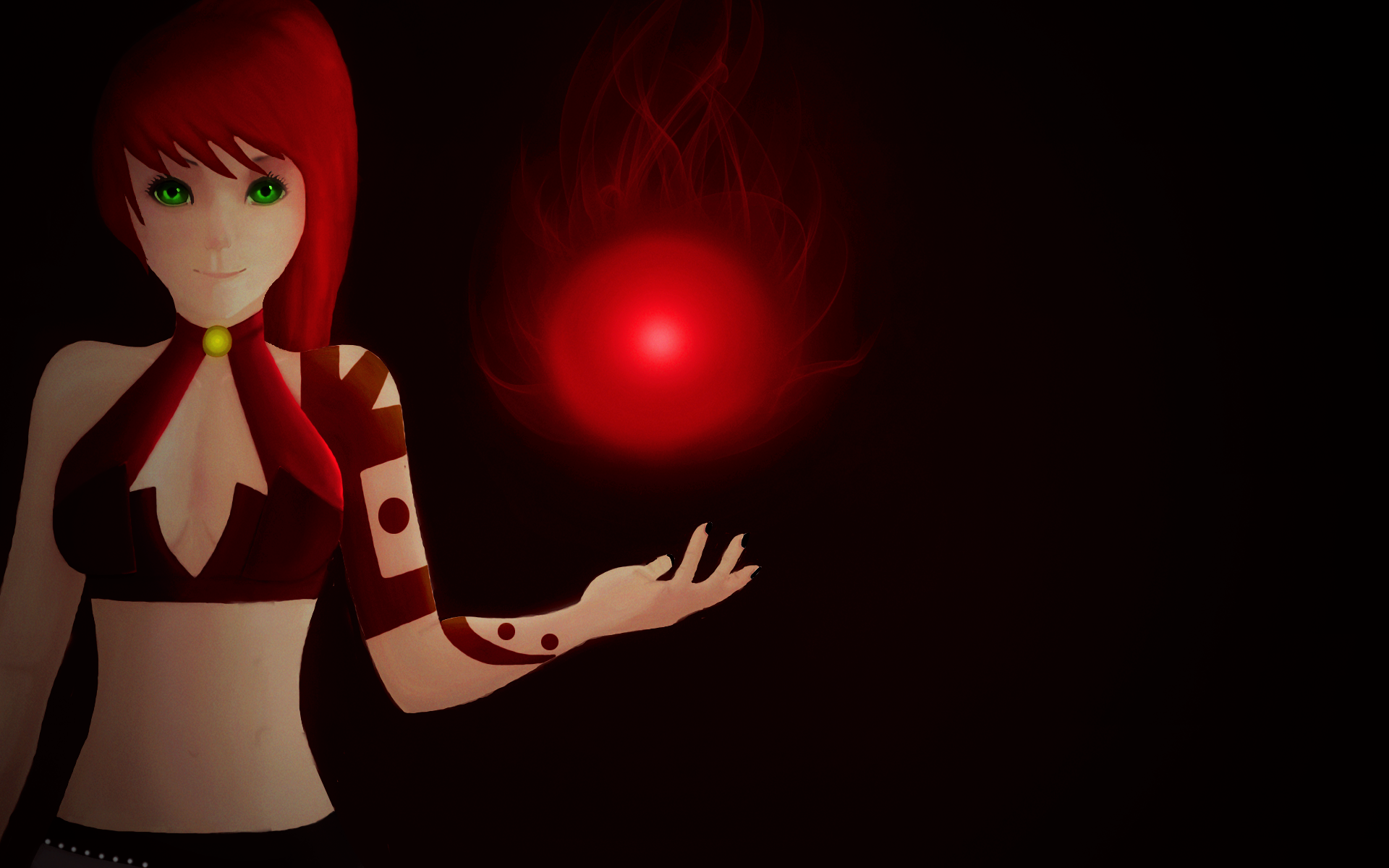Anime girl with red hair and green eyes conjures a red orb HD Wallpaper