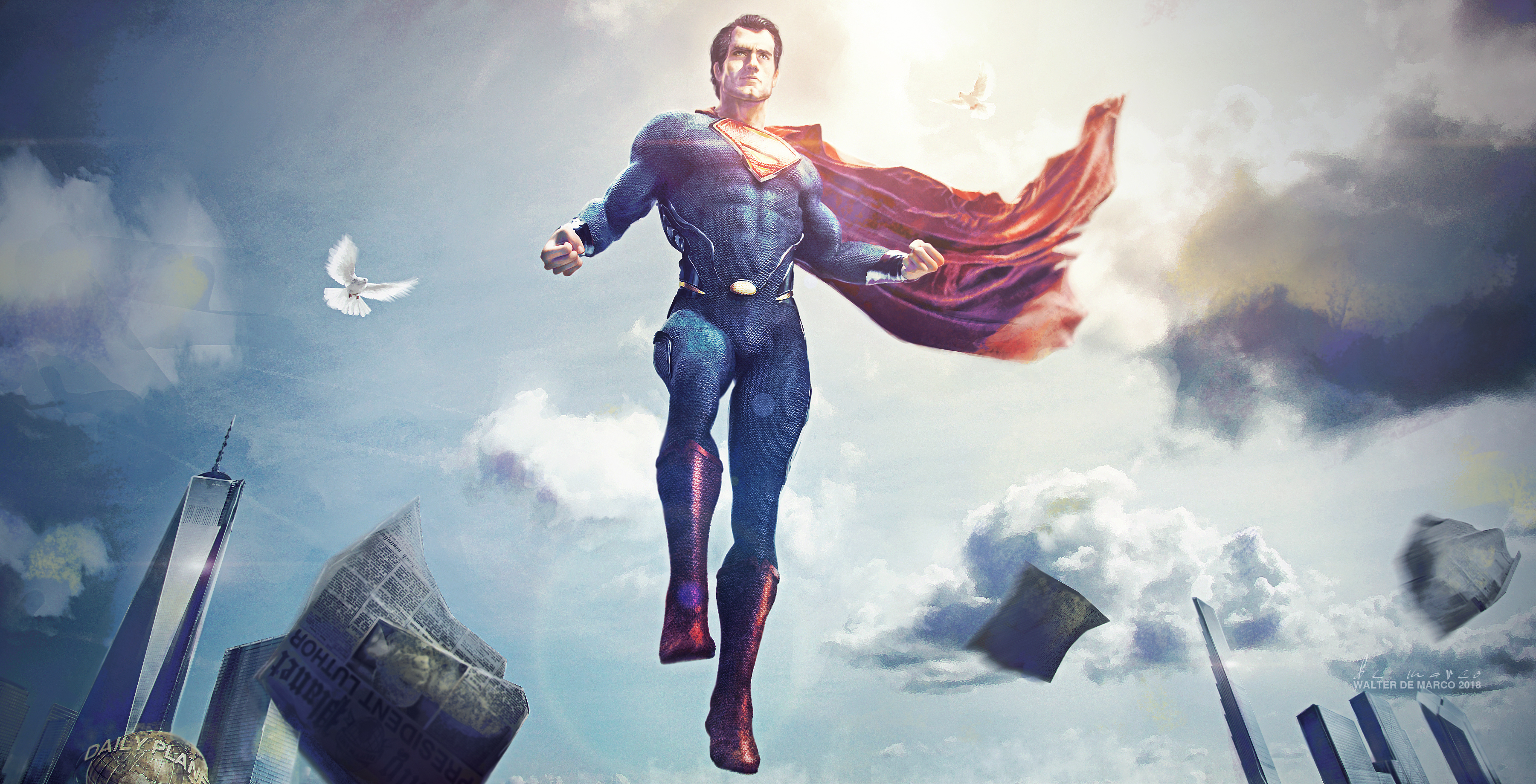 Superman flying over a city with doves HD Wallpaper