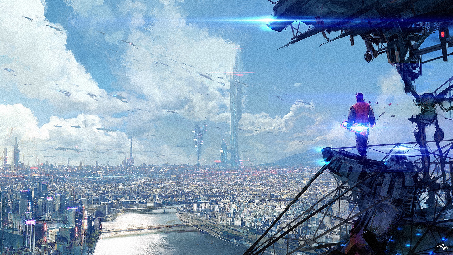 Futuristic Cityscape with Flying Vehicles and a Man HD Wallpaper