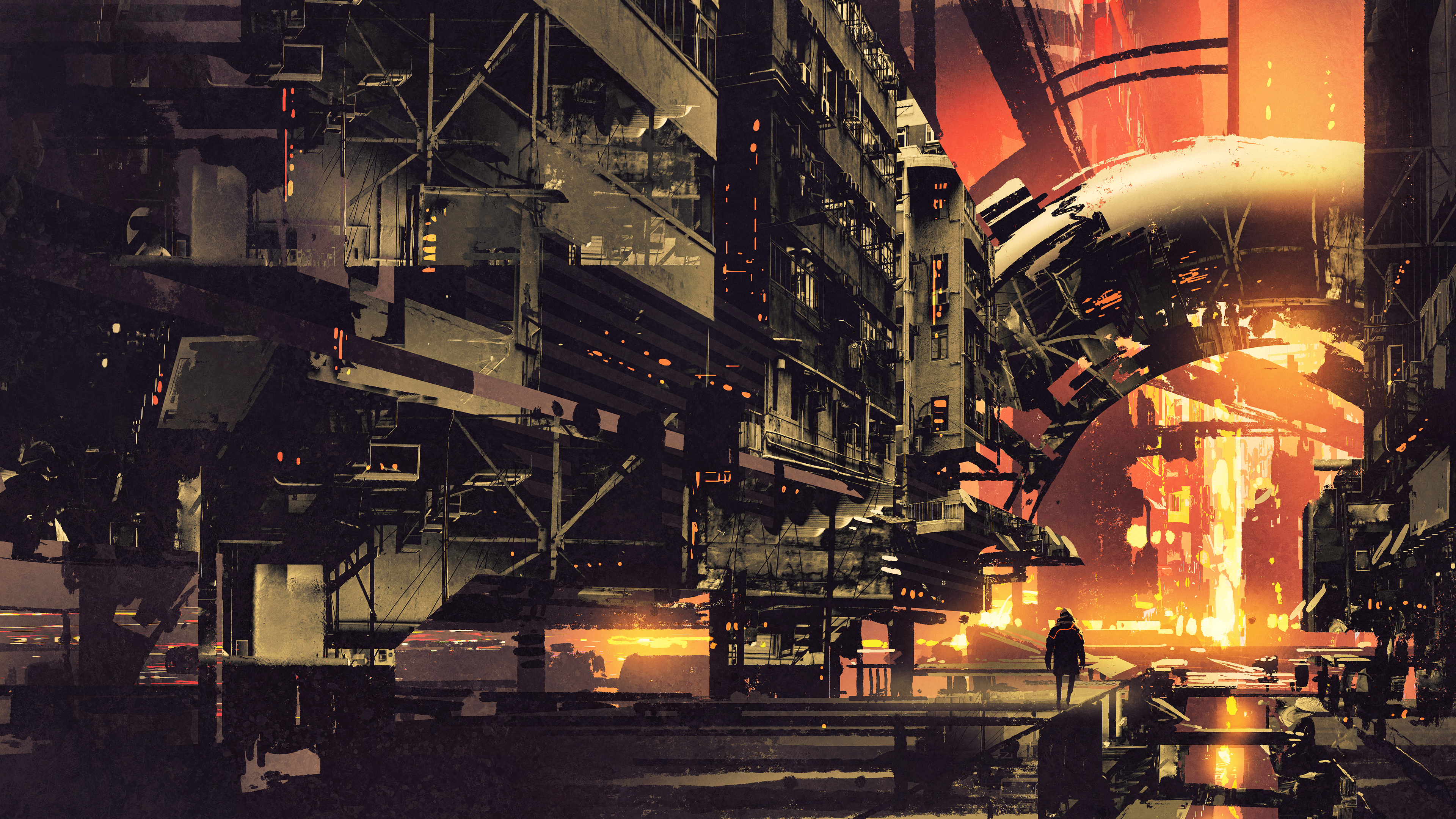 Cyberpunk Cityscape with a lone figure HD Wallpaper