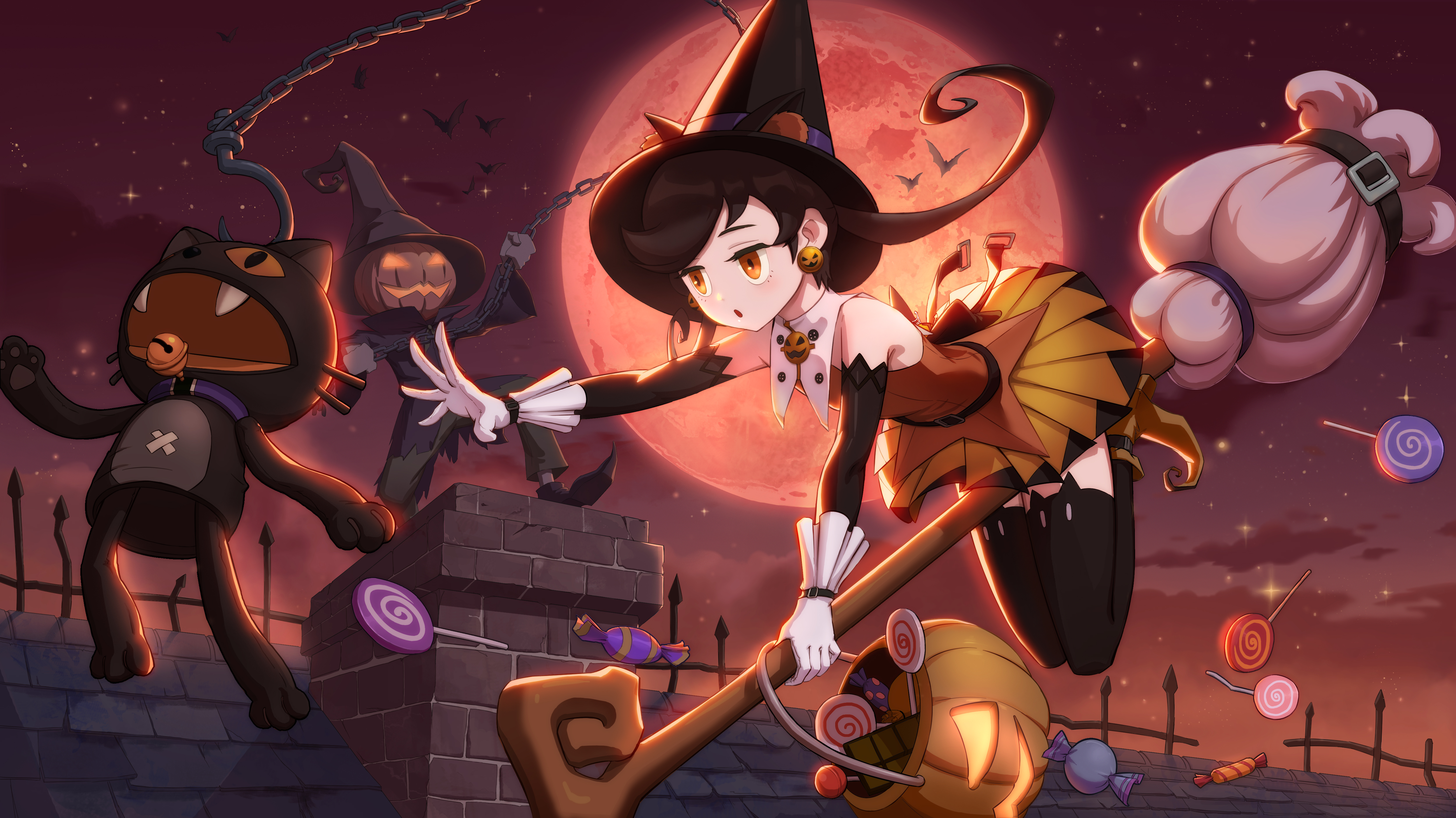 Witches and Pumpkinhead on Halloween Night HD Wallpaper