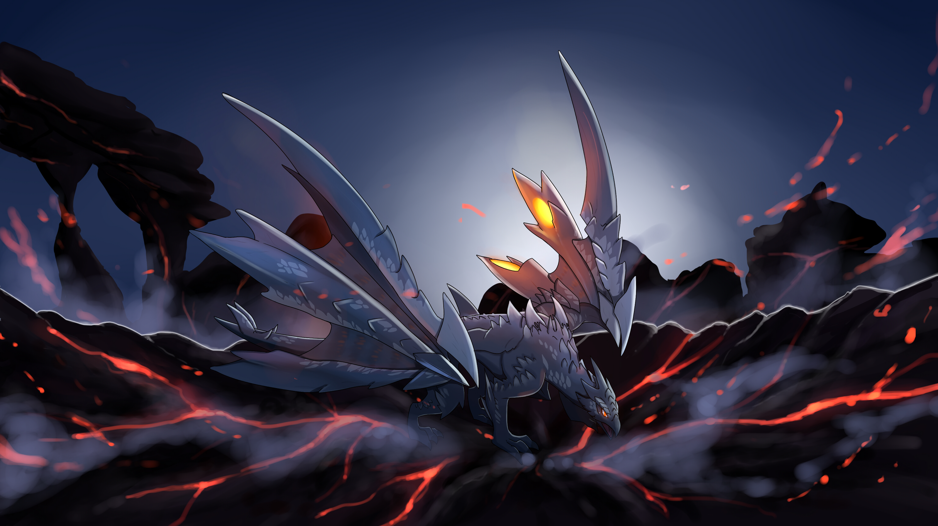 Valstrax from Monster Hunter in a volcanic landscape HD Wallpaper