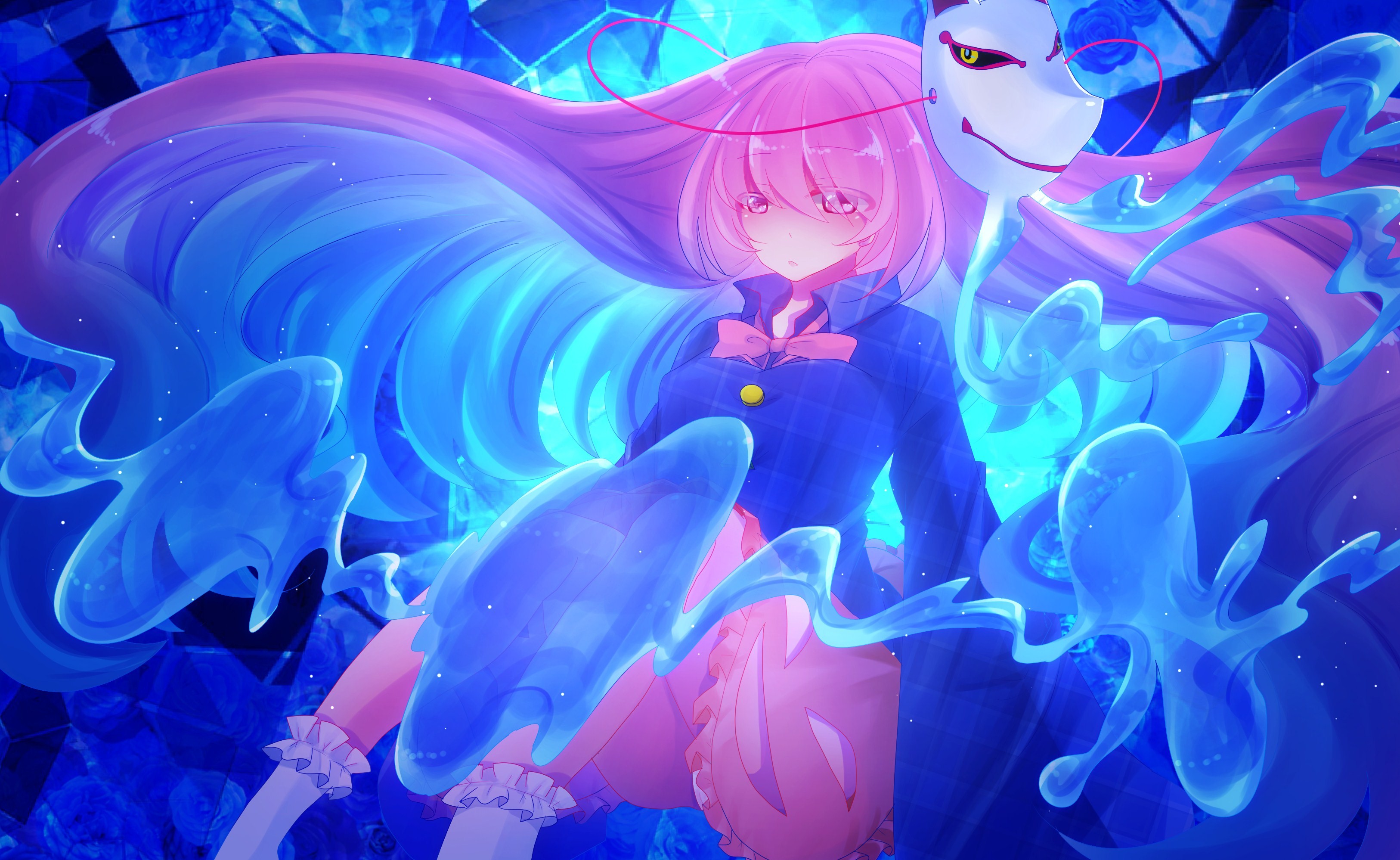 Hata no Kokoro with a mask and blue tentacles HD Wallpaper